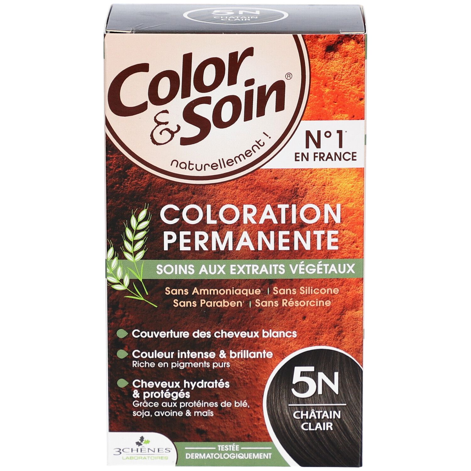 Haarfarben-Box. Color & Soin, permanente Coloration. 5N Châtain Clair. Ohne Ammoniak, Silikon, Parabene und Resorcin.