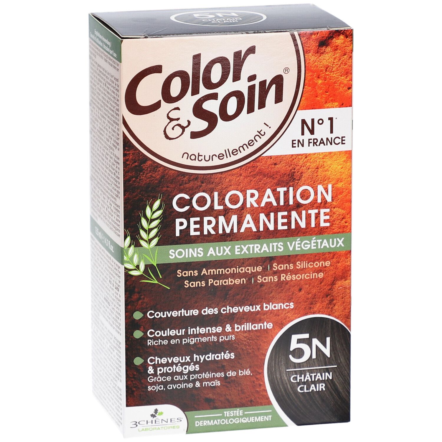 Haarfarben-Box. Color & Soin, permanente Coloration. 5N Châtain Clair. Ohne Ammoniak, Silikon, Parabene und Resorcin.