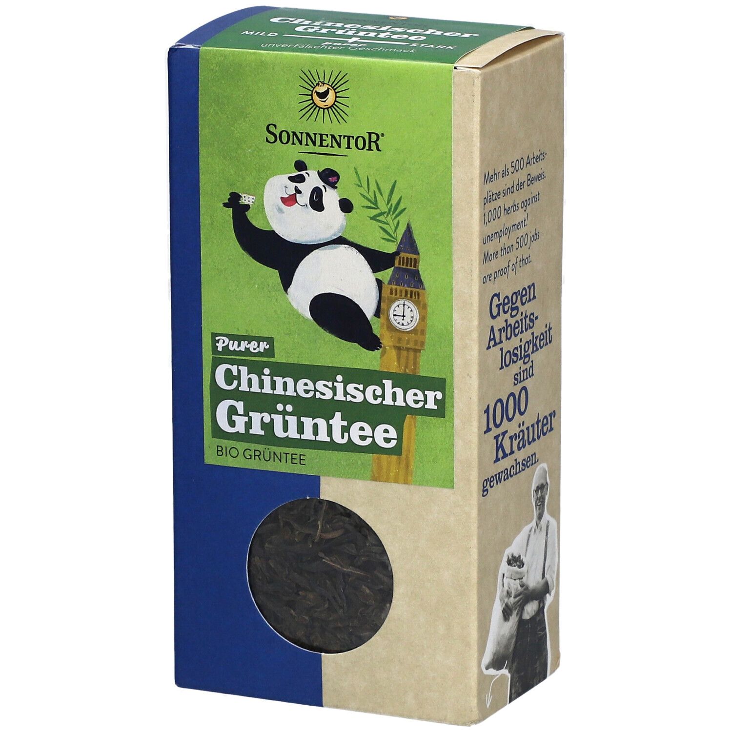Karton mit Sonnentor Tee. Panda-Logo, Text: Chinesischer Grüntee, Bio. Sichtfenster mit Tee.