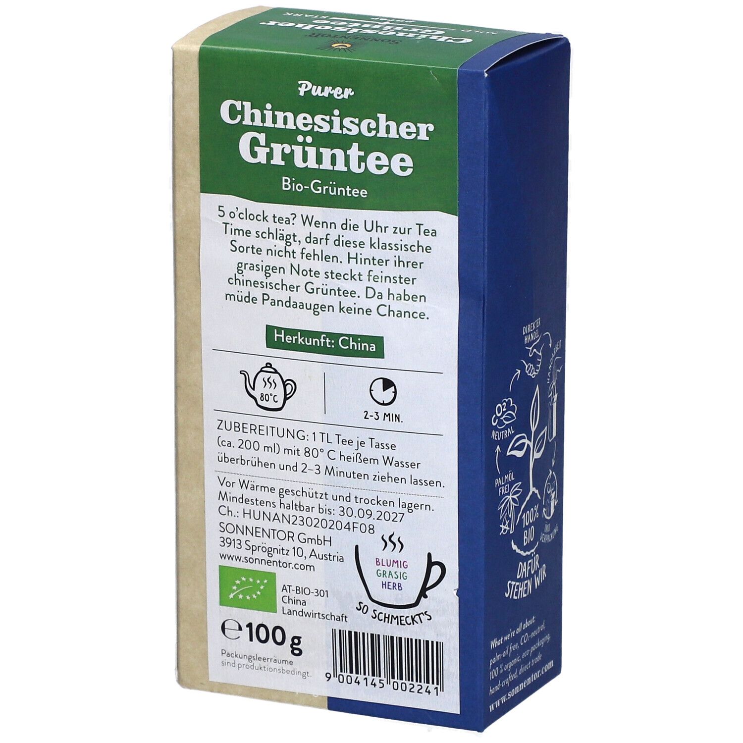 Rückseite der Teebox. Text: Chinesischer Grüntee, Zubereitung, Herkunft China, Bio-Siegel, 100g.