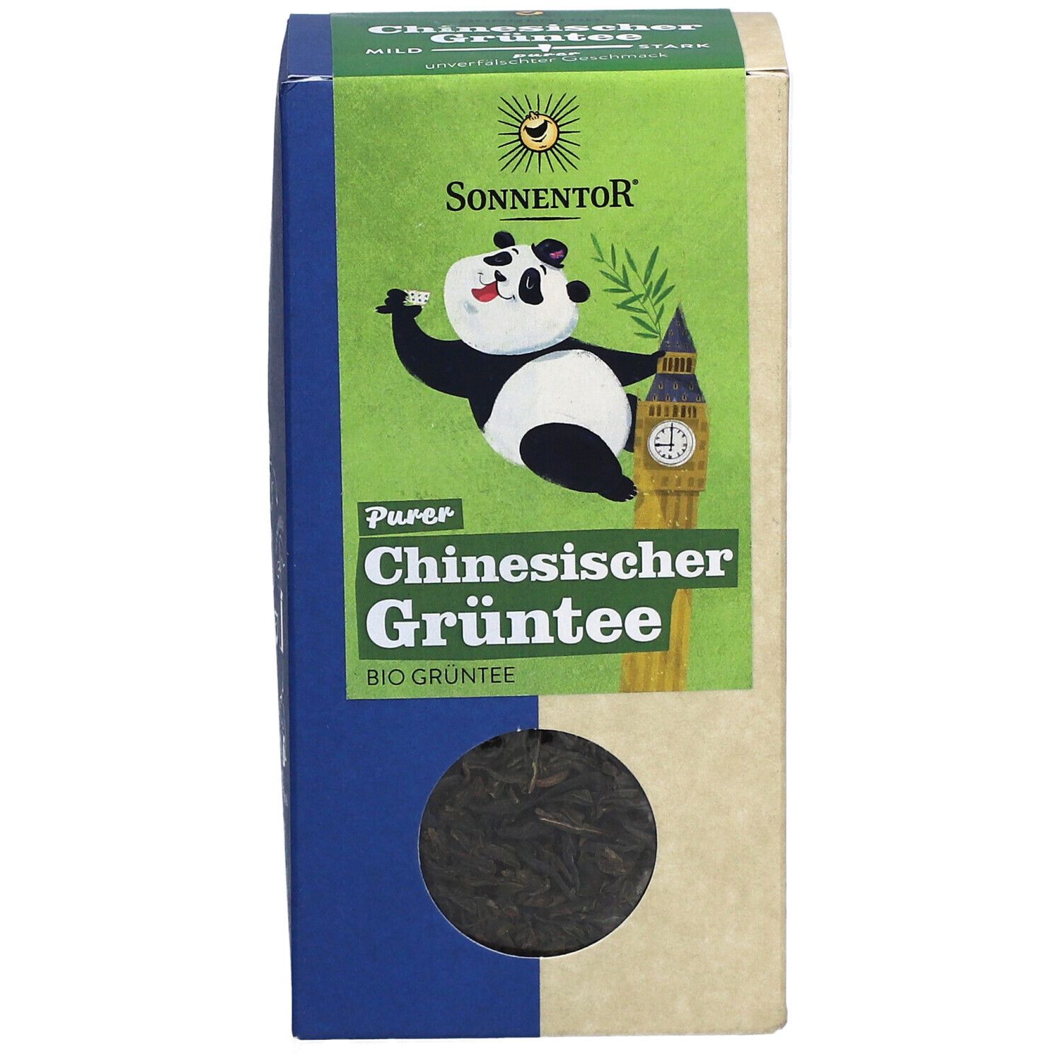 Vorderseite der Teebox. Sonnentor Logo, Panda, Text: Chinesischer Grüntee, Bio. Sichtfenster mit Tee.