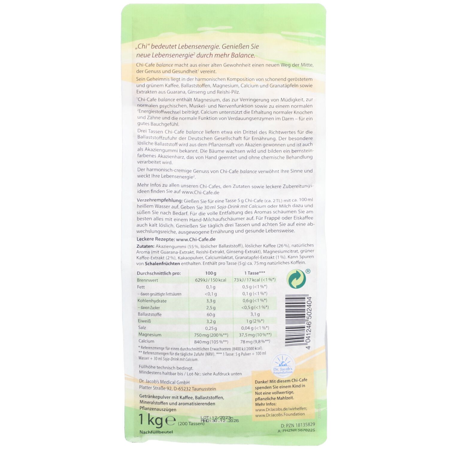 Rückseite der Dr. Jacob's Chi-Café balance Verpackung. Textinformationen, Nährwerttabelle, Barcode und Vegan-Siegel.