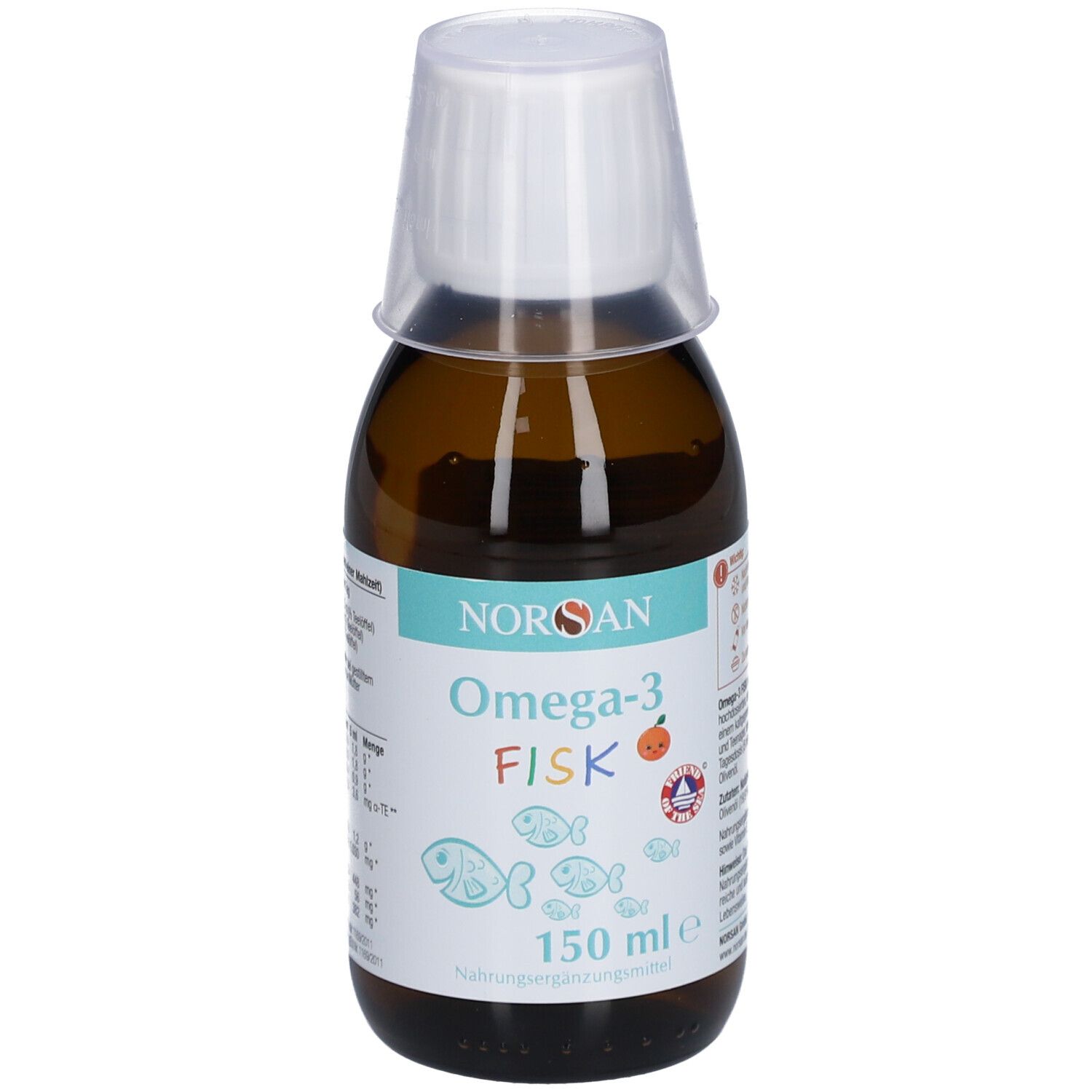 Braune Flasche mit weißem Deckel. Aufschrift: NORSAN Omega-3 FISK, Fisch-Illustrationen, 150 ml.