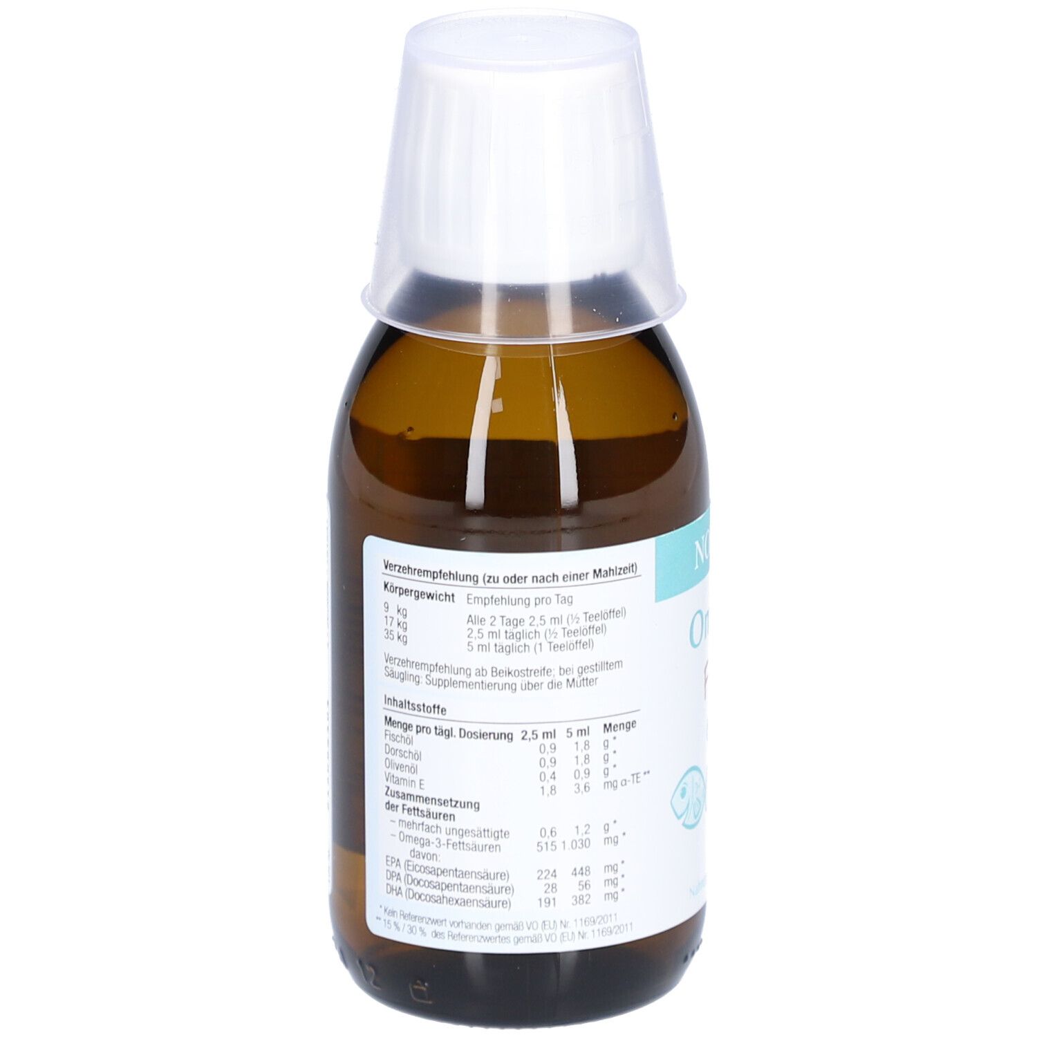 Rückseite der braunen Flasche. Text mit Nährwertangaben und Dosierungsempfehlungen.