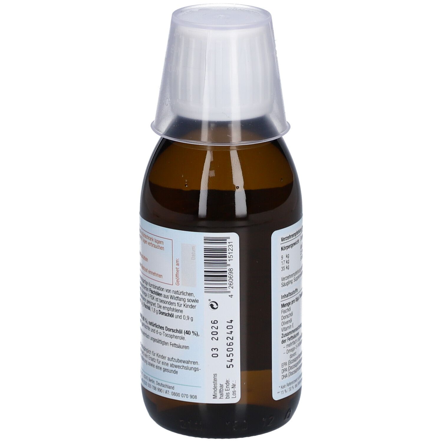 Rückseite der braunen Flasche. Barcode und Text mit Mindesthaltbarkeitsdatum.