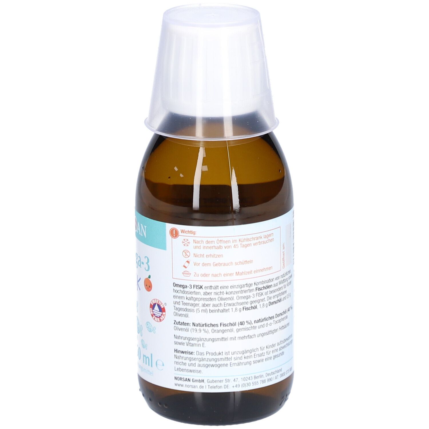 Braune Flasche mit weißem Deckel. Text mit Produktinformationen und Warnhinweisen.