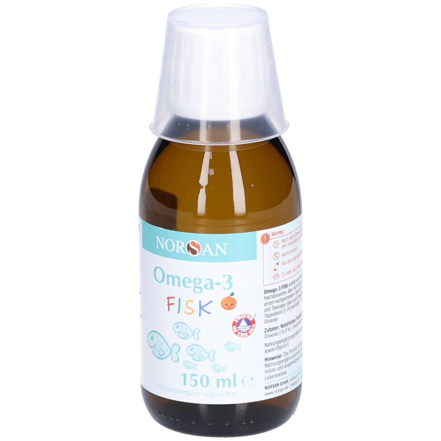 Braune Flasche mit weißem Deckel. Aufschrift: NORSAN Omega-3 FISK, Fisch-Illustrationen, 150 ml.