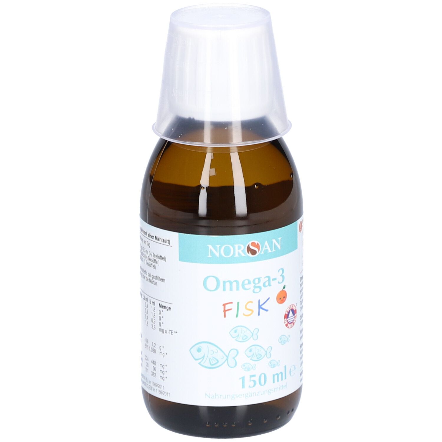 Braune Flasche mit weißem Deckel. Aufschrift: NORSAN Omega-3 FISK, Fisch-Illustrationen, 150 ml.