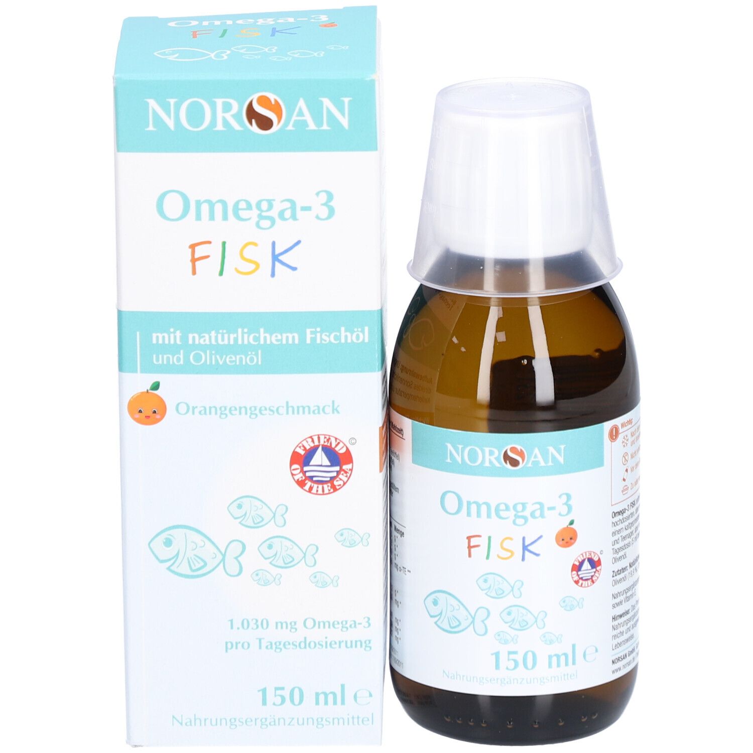 Braune Flasche und Schachtel. Aufschrift: NORSAN Omega-3 FISK, mit natürlichem Fischöl und Olivenöl, 150 ml.