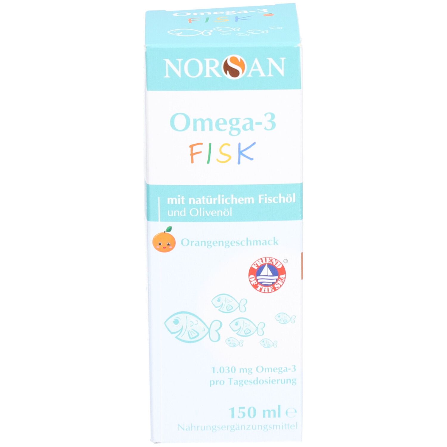 Hellblaue Schachtel. Aufschrift: NORSAN Omega-3 FISK, mit natürlichem Fischöl und Olivenöl, 150 ml.
