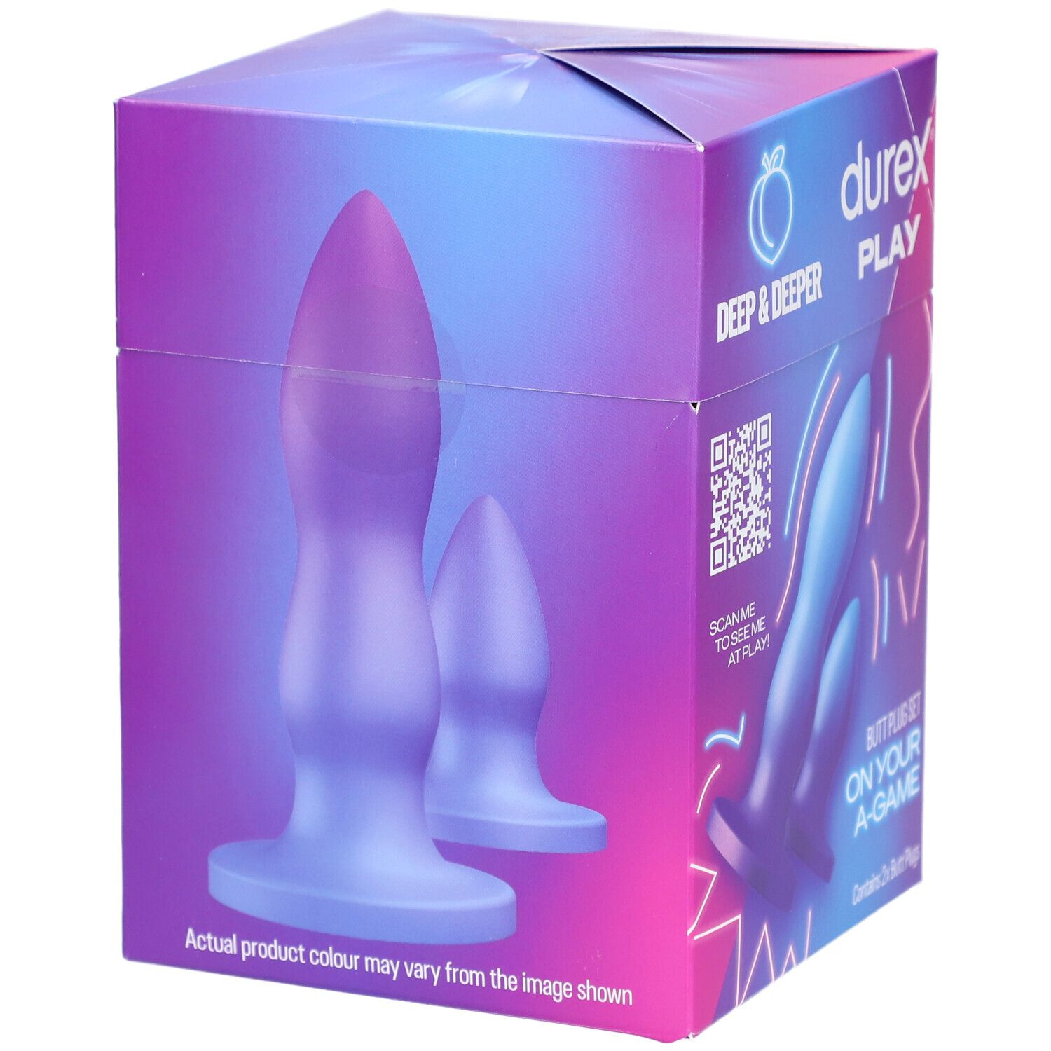 Verpackung mit zwei lila Butt Plugs. Marke: Durex Play. Text: Deep & Deeper, Butt Plug Set, On Your A-Game.