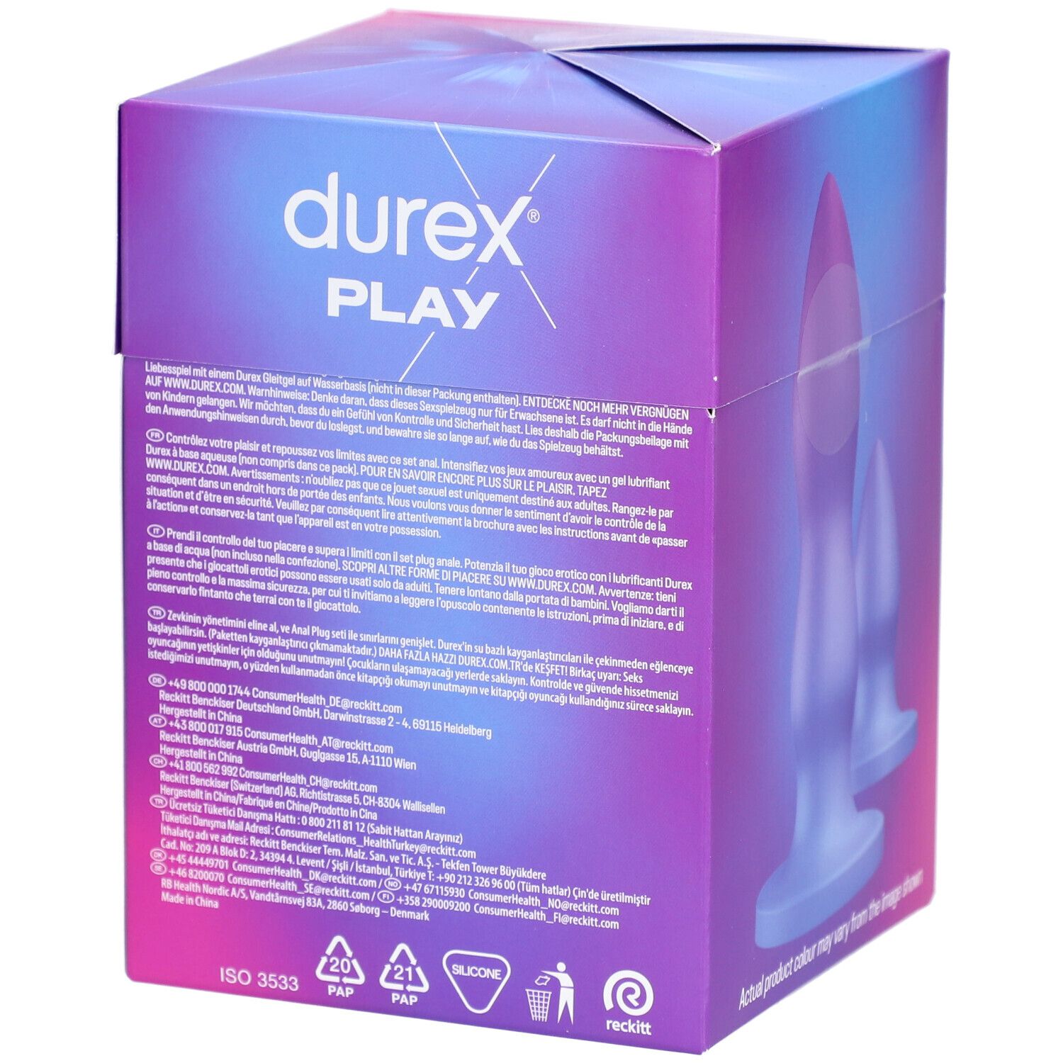 Rückseite der Verpackung. Text: Durex Play, Produktinformationen, Warnhinweise, ISO 3533, Recycling-Symbole.