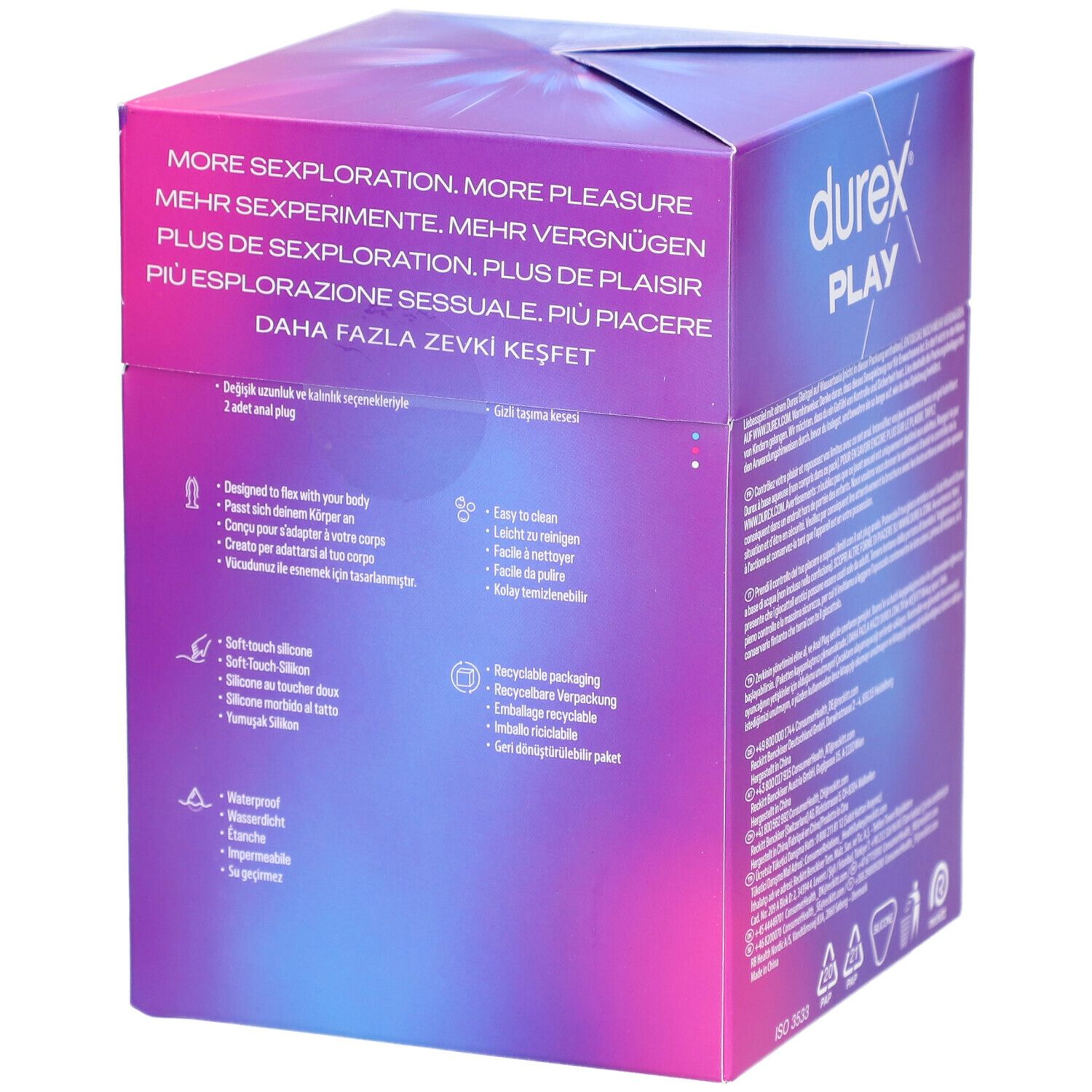 Seite der Verpackung. Text: Durex Play, mehr Sex, mehr Vergnügen, 2 Butt Plugs, weiches Silikon, recyclebare Verpackung.