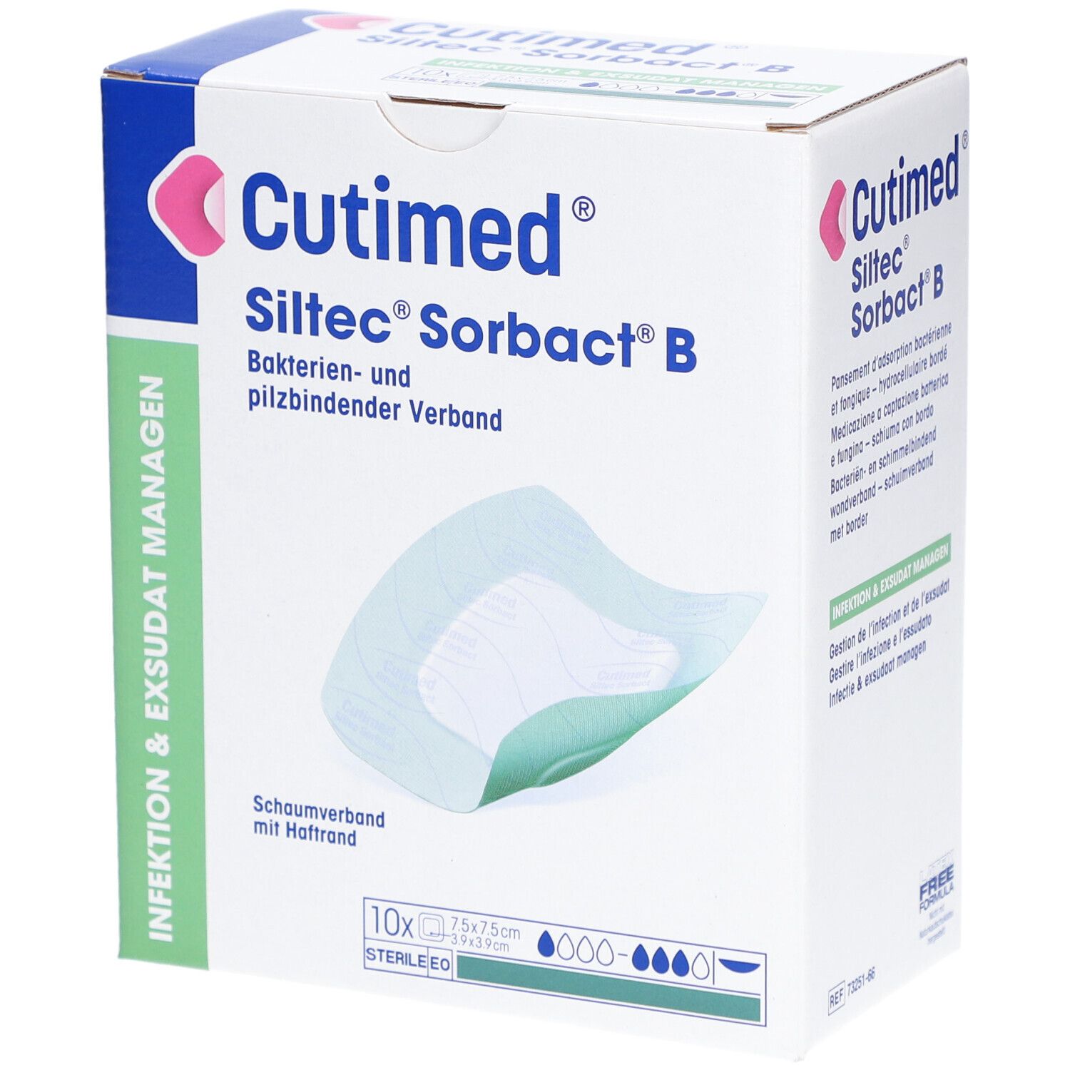 Verpackung von Cutimed Siltec Sorbact B. Box mit Verbandsmaterial. 10 Stück, 7,5 x 7,5 cm. Bakterien- und pilzbindender Verband.