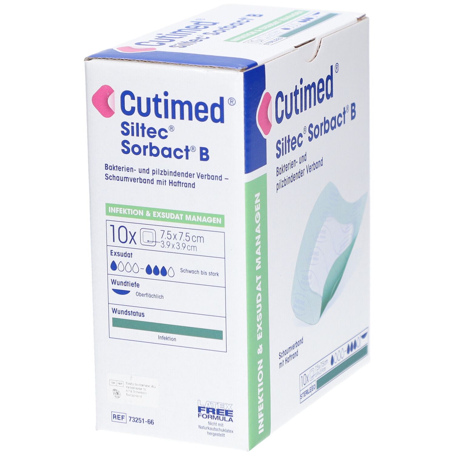 Verpackung von Cutimed Siltec Sorbact B. Box mit Verbandsmaterial. 10 Stück, 7,5 x 7,5 cm. Bakterien- und pilzbindender Verband.