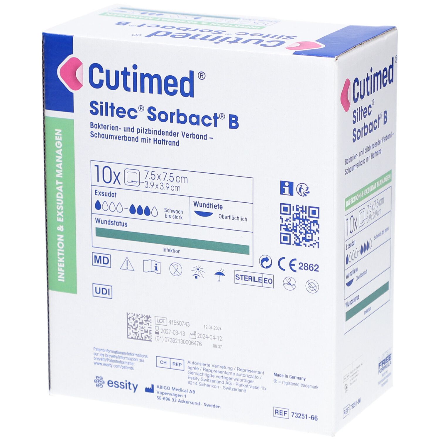 Verpackung von Cutimed Siltec Sorbact B. Box mit Verbandsmaterial. 10 Stück, 7,5 x 7,5 cm. Bakterien- und pilzbindender Verband.