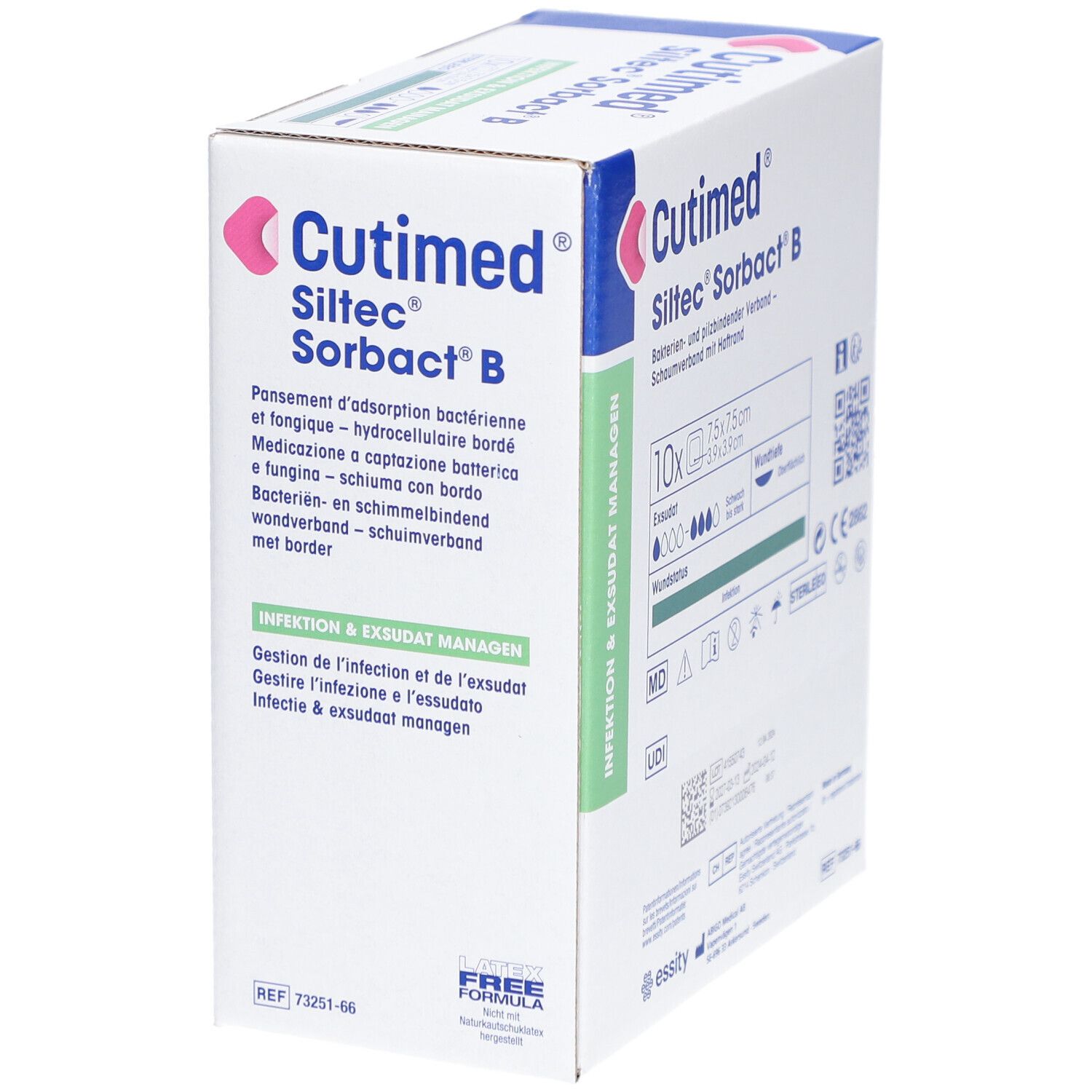 Verpackung von Cutimed Siltec Sorbact B. Box mit Verbandsmaterial. 10 Stück, 7,5 x 7,5 cm. Bakterien- und pilzbindender Verband.