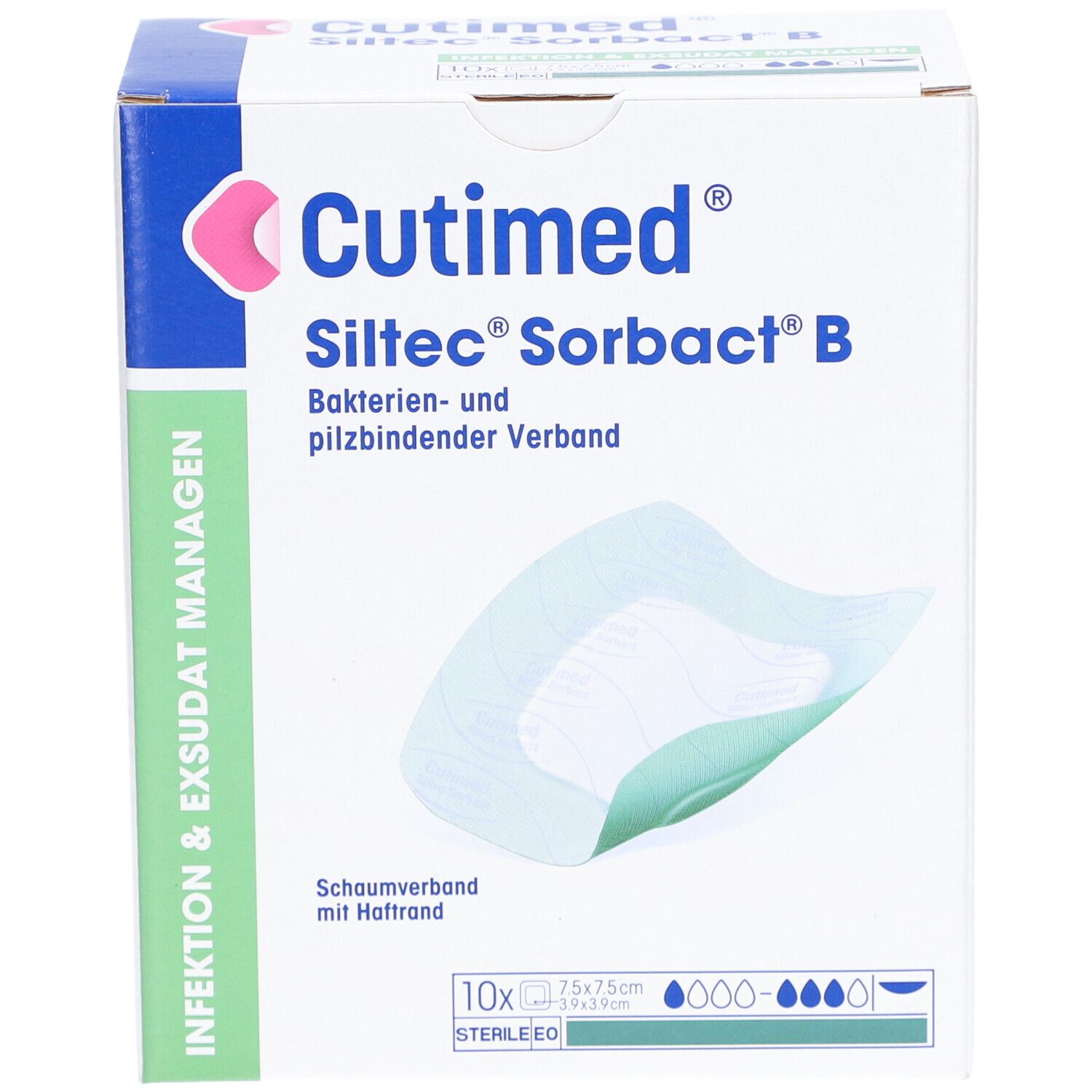Verpackung von Cutimed Siltec Sorbact B. Box mit Verbandsmaterial. 10 Stück, 7,5 x 7,5 cm. Bakterien- und pilzbindender Verband.