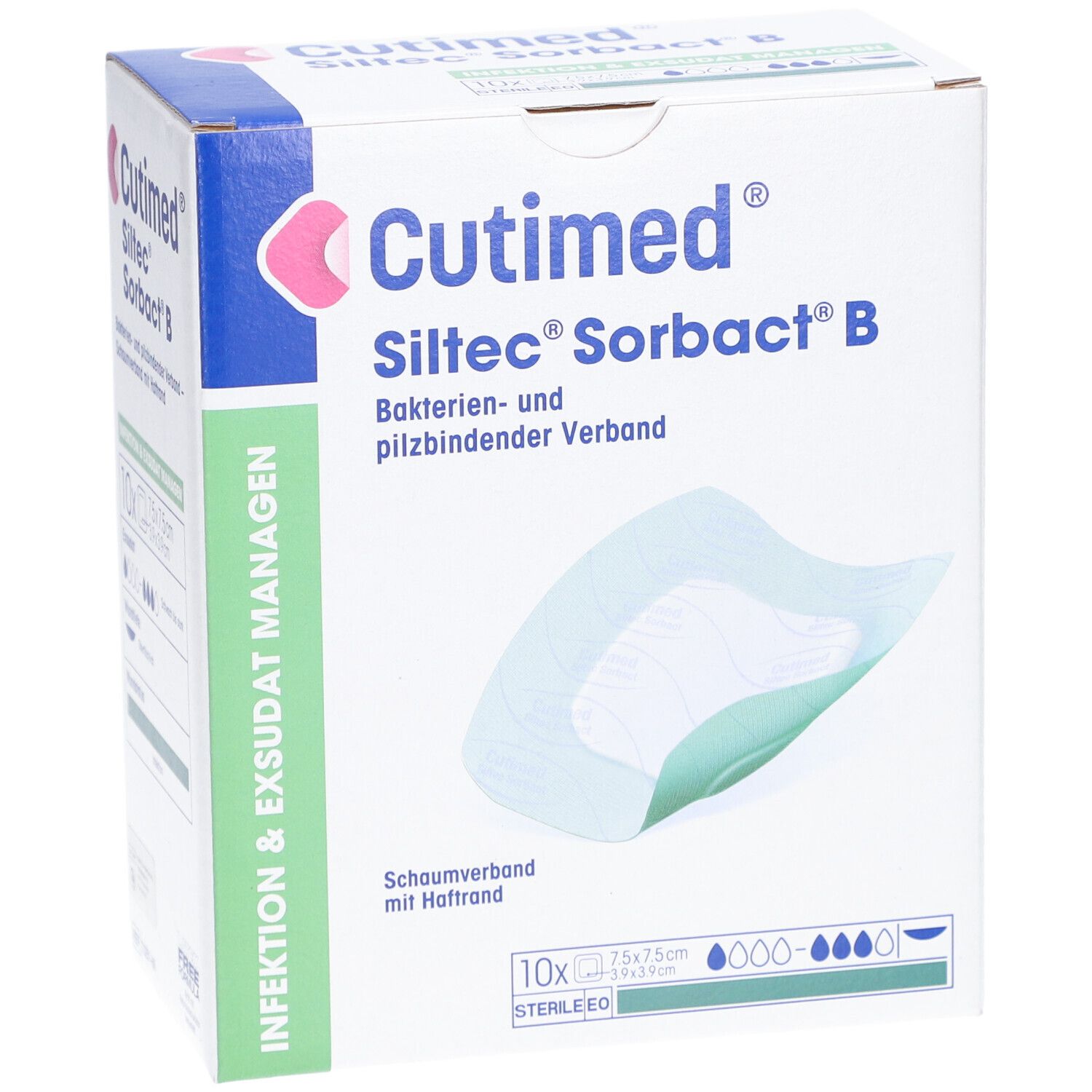Verpackung von Cutimed Siltec Sorbact B. Box mit Verbandsmaterial. 10 Stück, 7,5 x 7,5 cm. Bakterien- und pilzbindender Verband.