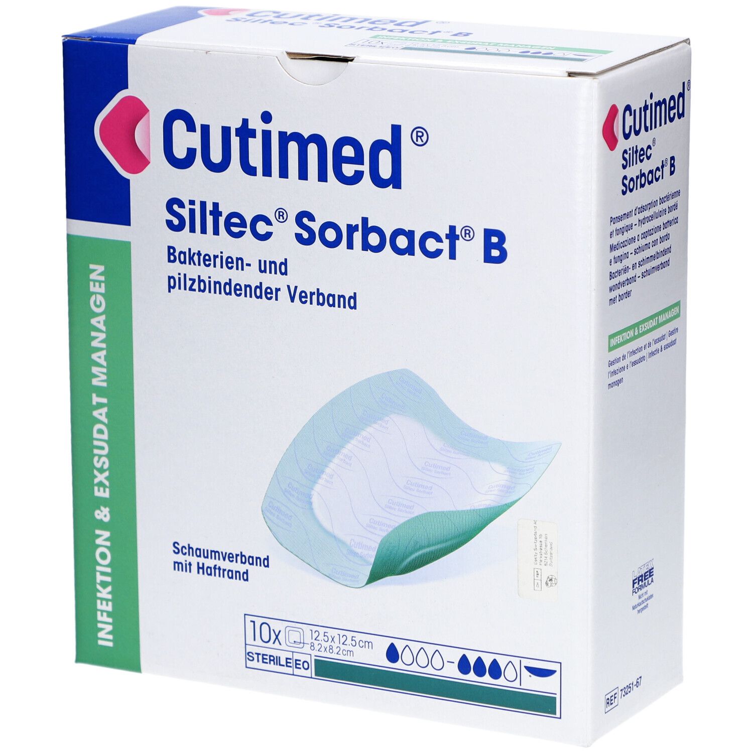 Verpackung von Cutimed Siltec Sorbact B. Enthält 10 sterile Wundauflagen, 12,5 x 12,5 cm. Produktname und Logo deutlich sichtbar.