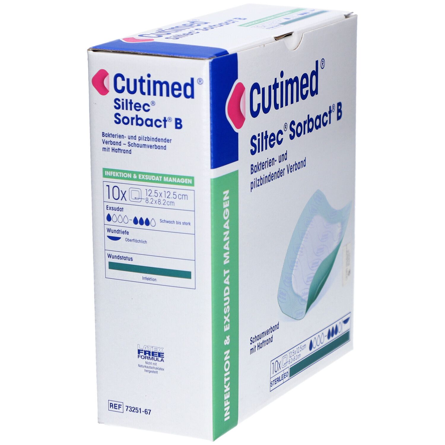 Verpackung von Cutimed Siltec Sorbact B. Enthält 10 sterile Wundauflagen, 12,5 x 12,5 cm. Produktname und Logo deutlich sichtbar.