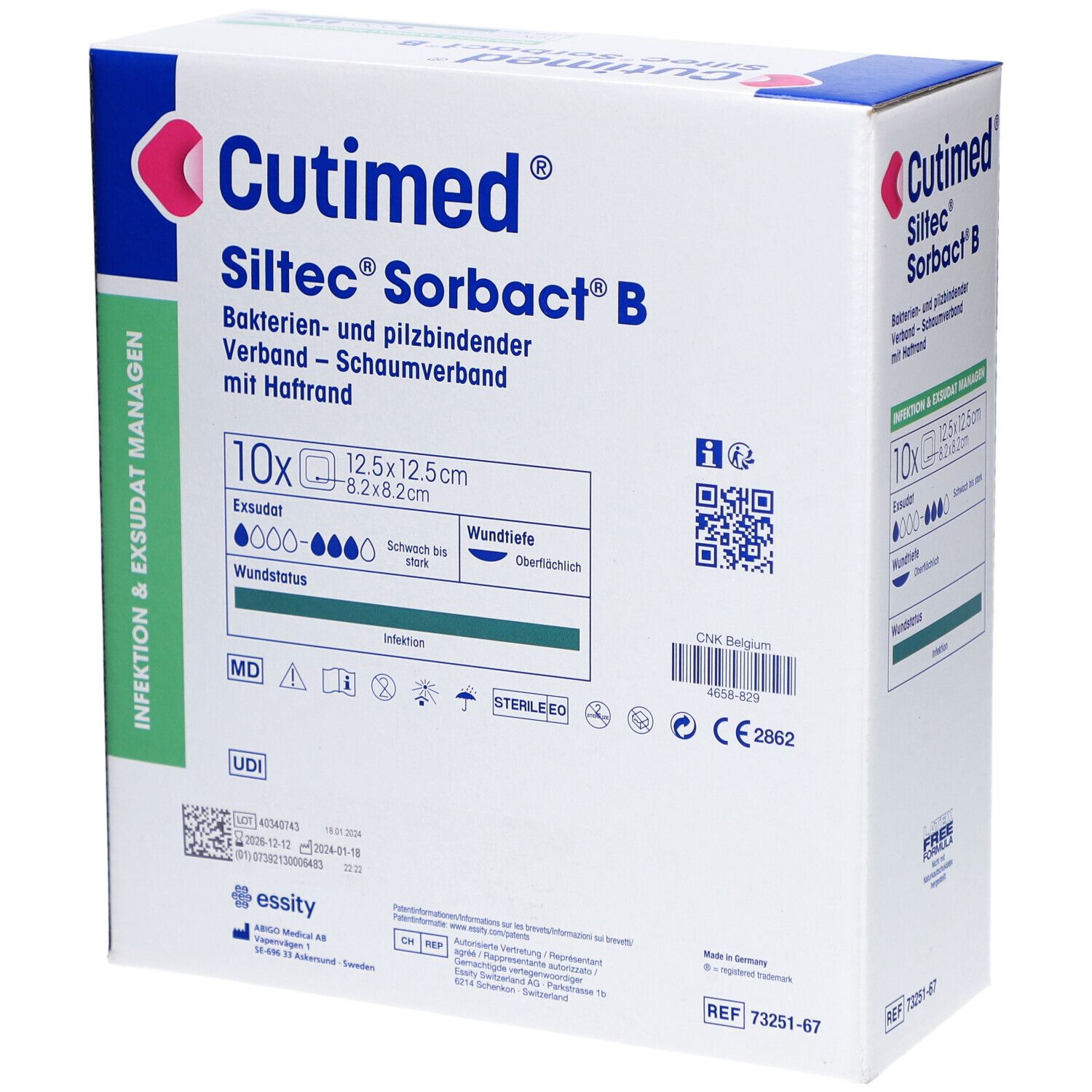 Verpackung von Cutimed Siltec Sorbact B. Enthält 10 sterile Wundauflagen, 12,5 x 12,5 cm. Produktname und Logo deutlich sichtbar.