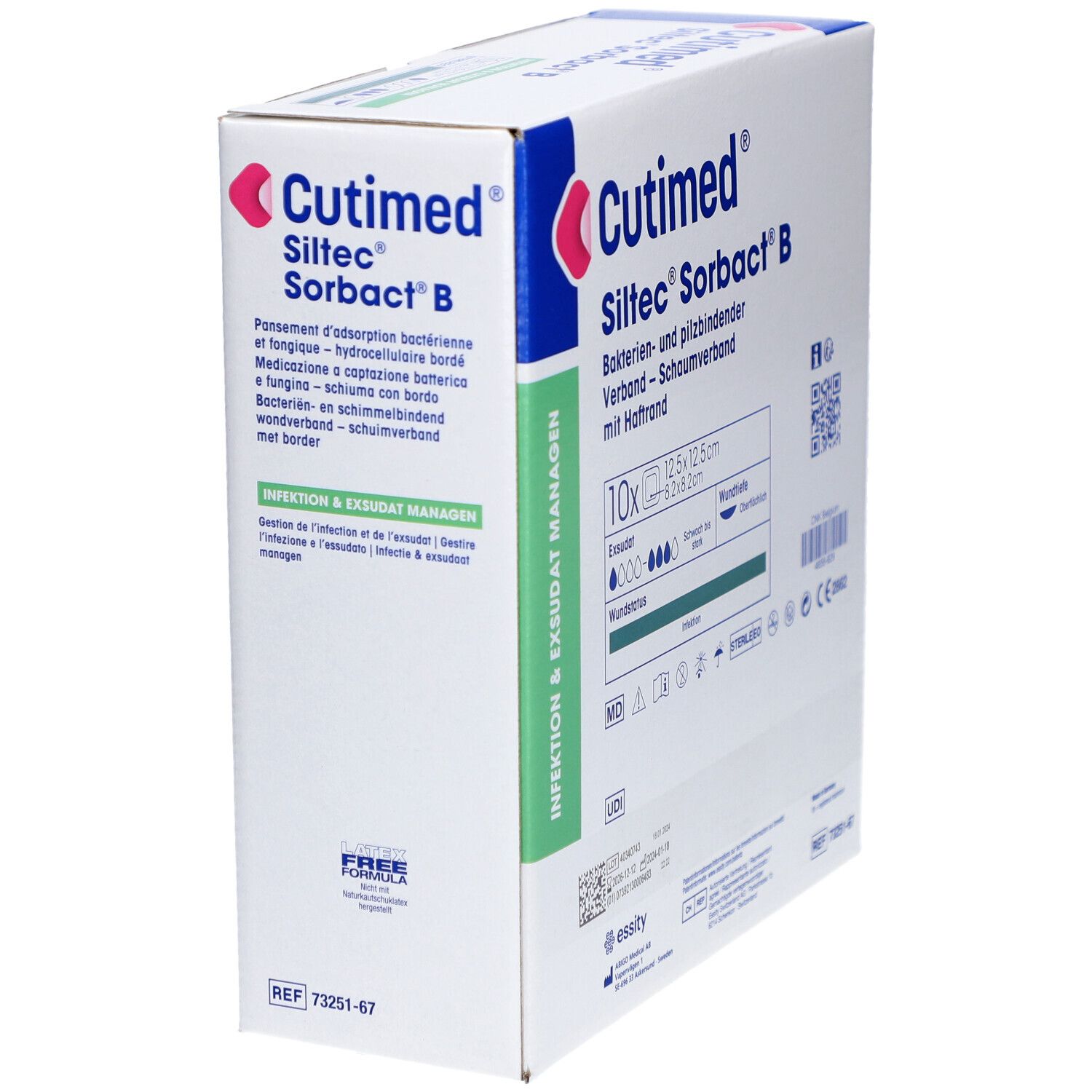 Verpackung von Cutimed Siltec Sorbact B. Enthält 10 sterile Wundauflagen, 12,5 x 12,5 cm. Produktname und Logo deutlich sichtbar.