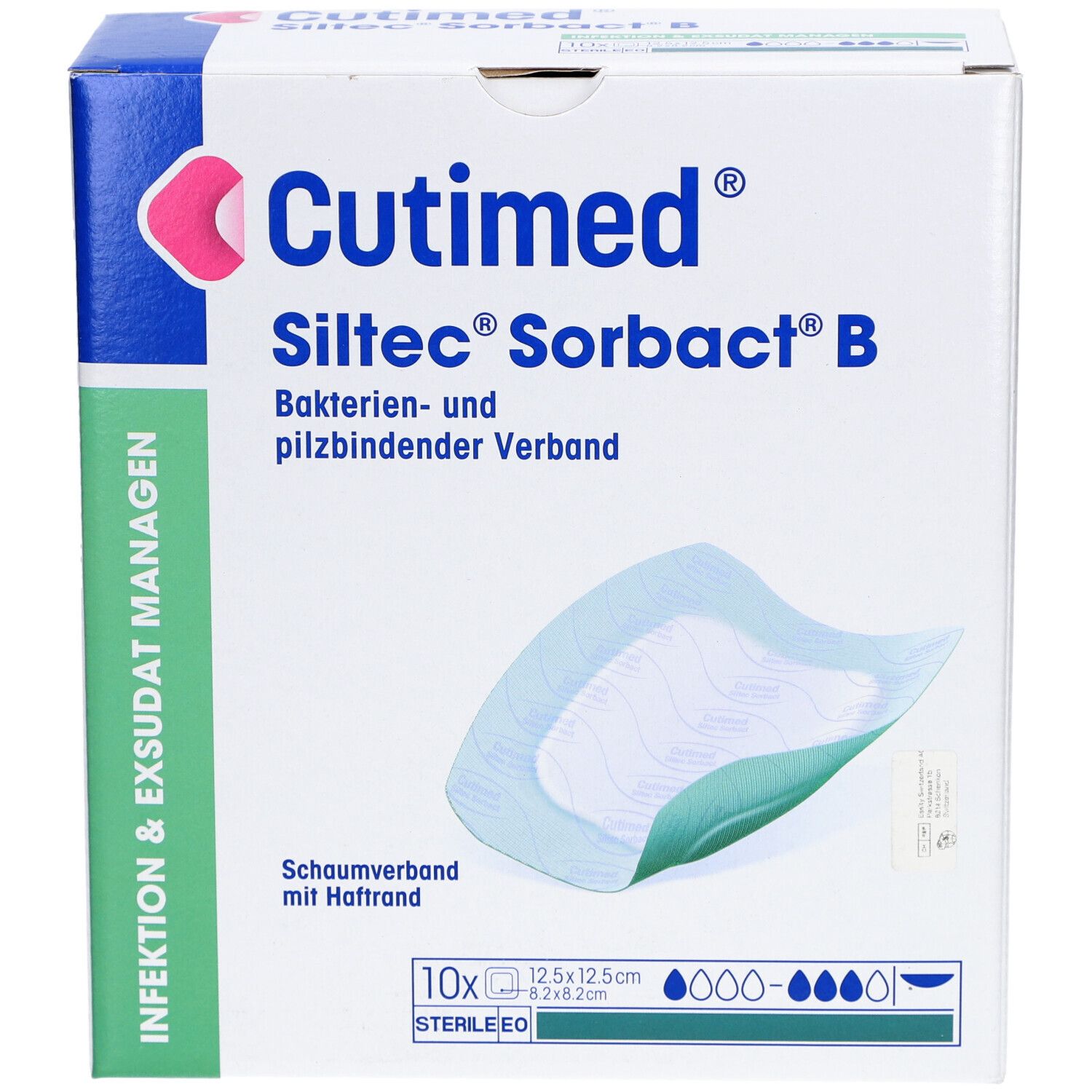 Verpackung von Cutimed Siltec Sorbact B. Enthält 10 sterile Wundauflagen, 12,5 x 12,5 cm. Produktname und Logo deutlich sichtbar.