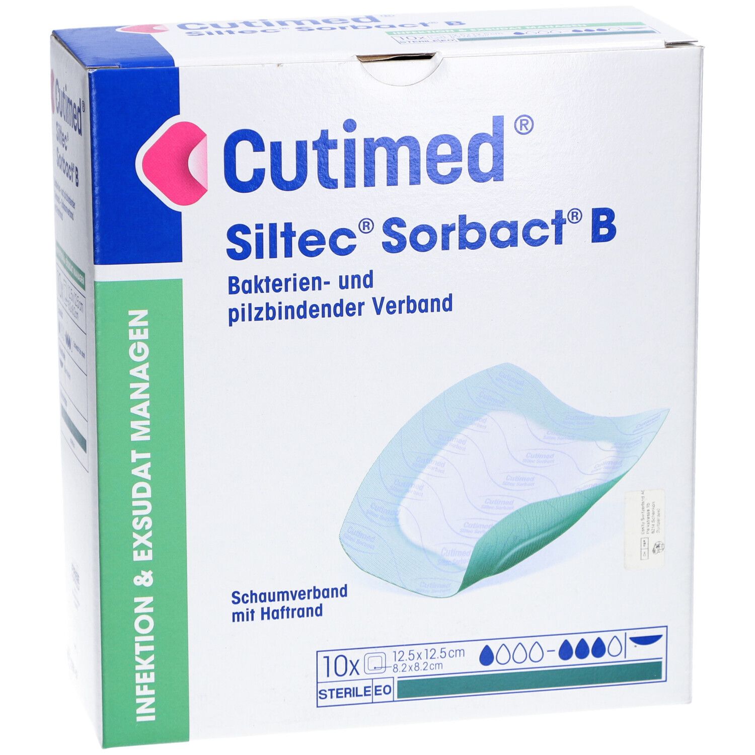 Verpackung von Cutimed Siltec Sorbact B. Enthält 10 sterile Wundauflagen, 12,5 x 12,5 cm. Produktname und Logo deutlich sichtbar.
