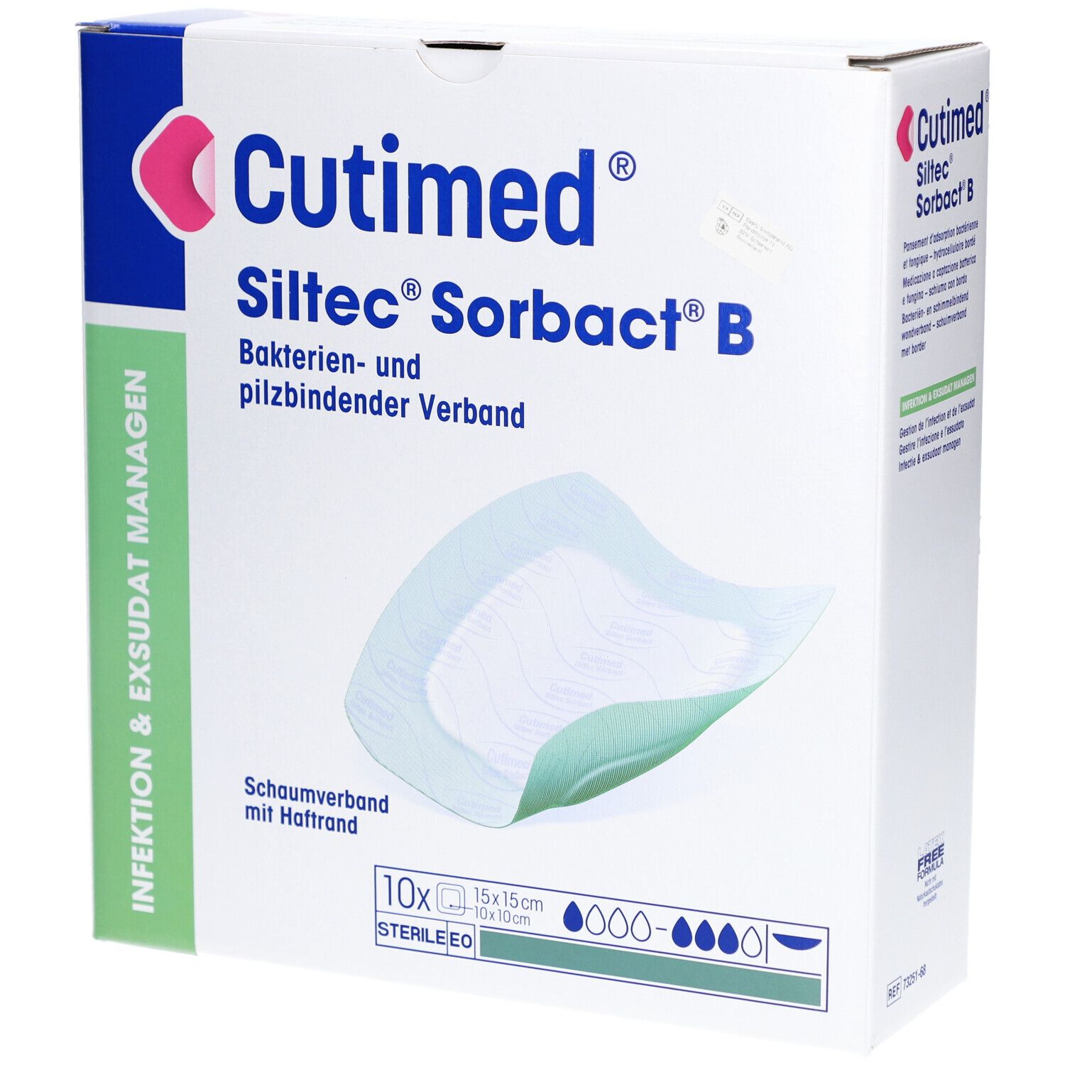 Verpackung von Cutimed Siltec Sorbact B. Enthält 10 sterile Wundverbände 15x15cm. Bakterien- und pilzbindend.