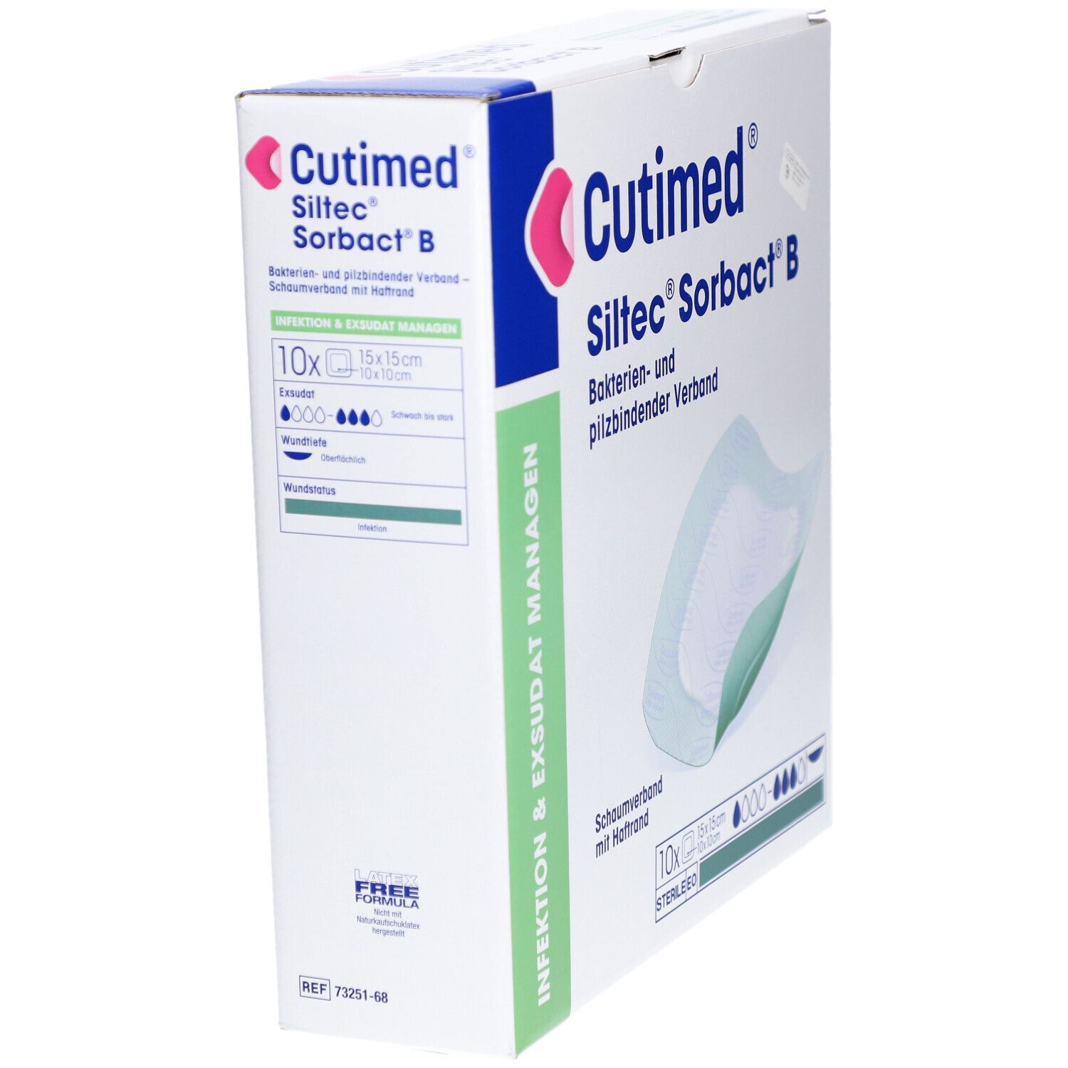 Schräg stehende Verpackung von Cutimed Siltec Sorbact B. Enthält 10 sterile Wundverbände 15x15cm.