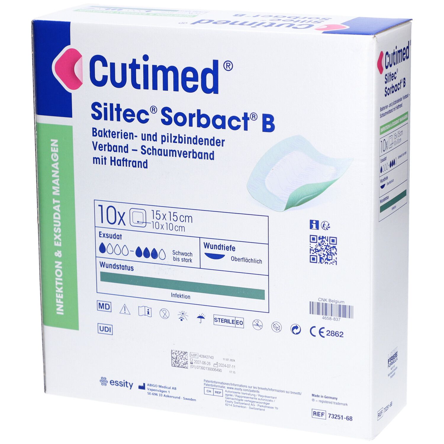 Verpackung von Cutimed Siltec Sorbact B. Enthält 10 sterile Wundverbände 15x15cm. Angaben zur Wundtiefe und Exsudat.