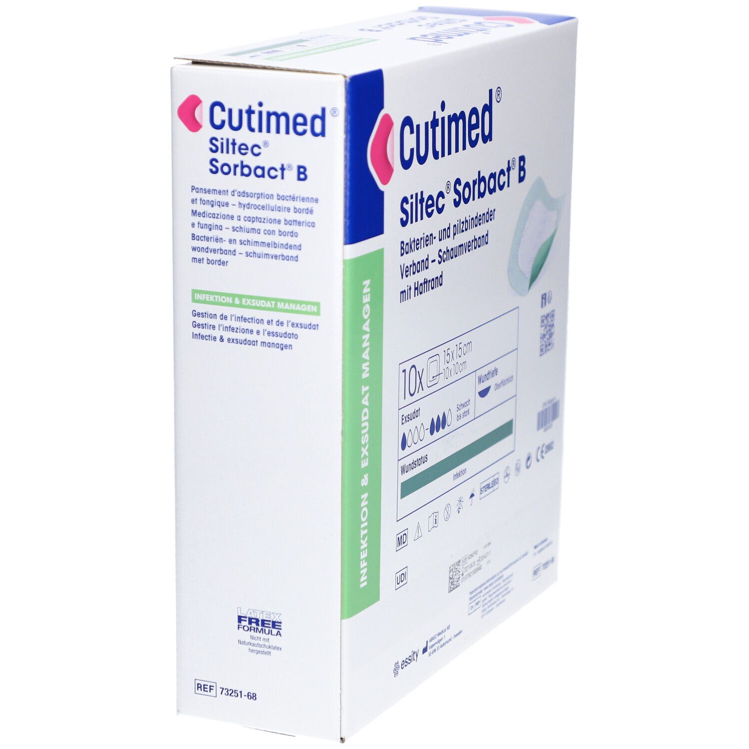 Schräg stehende Verpackung von Cutimed Siltec Sorbact B. Enthält 10 sterile Wundverbände 15x15cm.