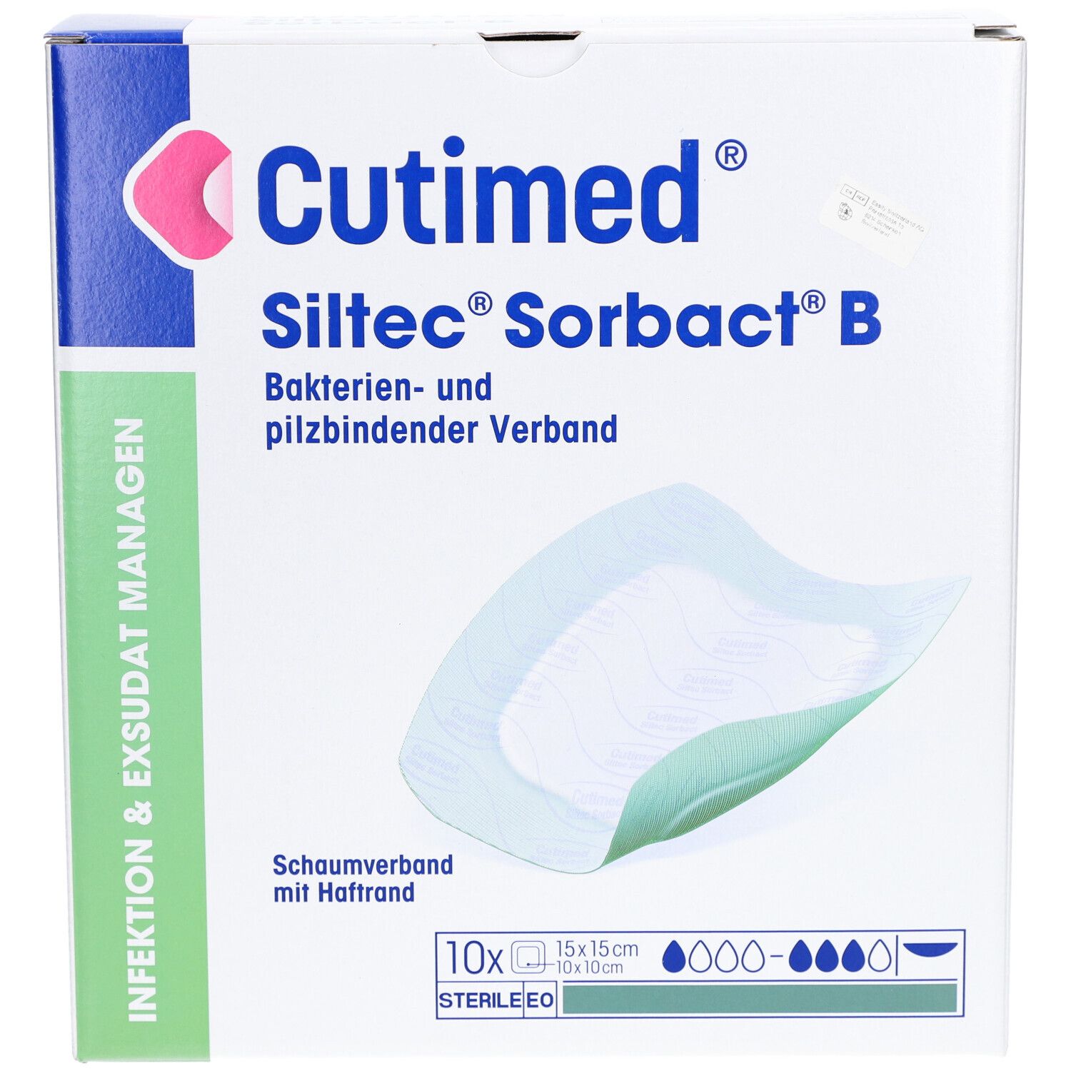 Verpackung von Cutimed Siltec Sorbact B. Enthält 10 sterile Wundverbände 15x15cm. Bakterien- und pilzbindend.