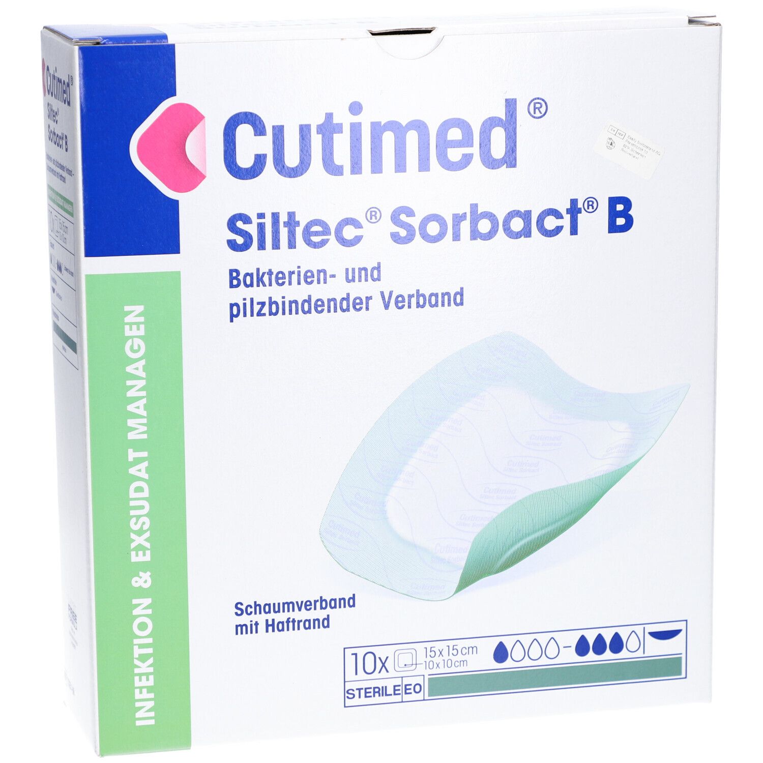 Verpackung von Cutimed Siltec Sorbact B. Enthält 10 sterile Wundverbände 15x15cm. Bakterien- und pilzbindend.