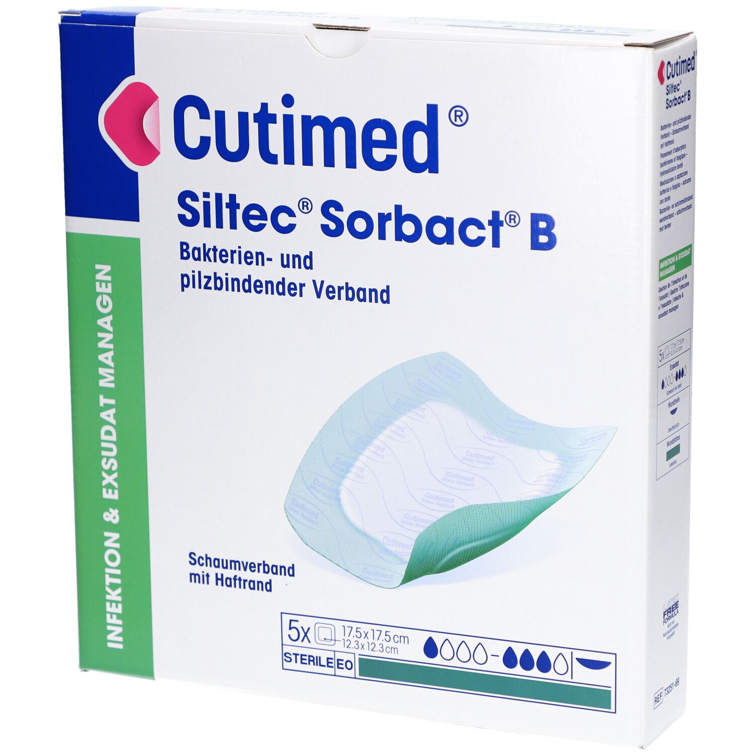Verpackung von Cutimed Siltec Sorbact B. Schaumverband mit Haftrand. 5 Stück, 17,5 x 17,5 cm. Steril.