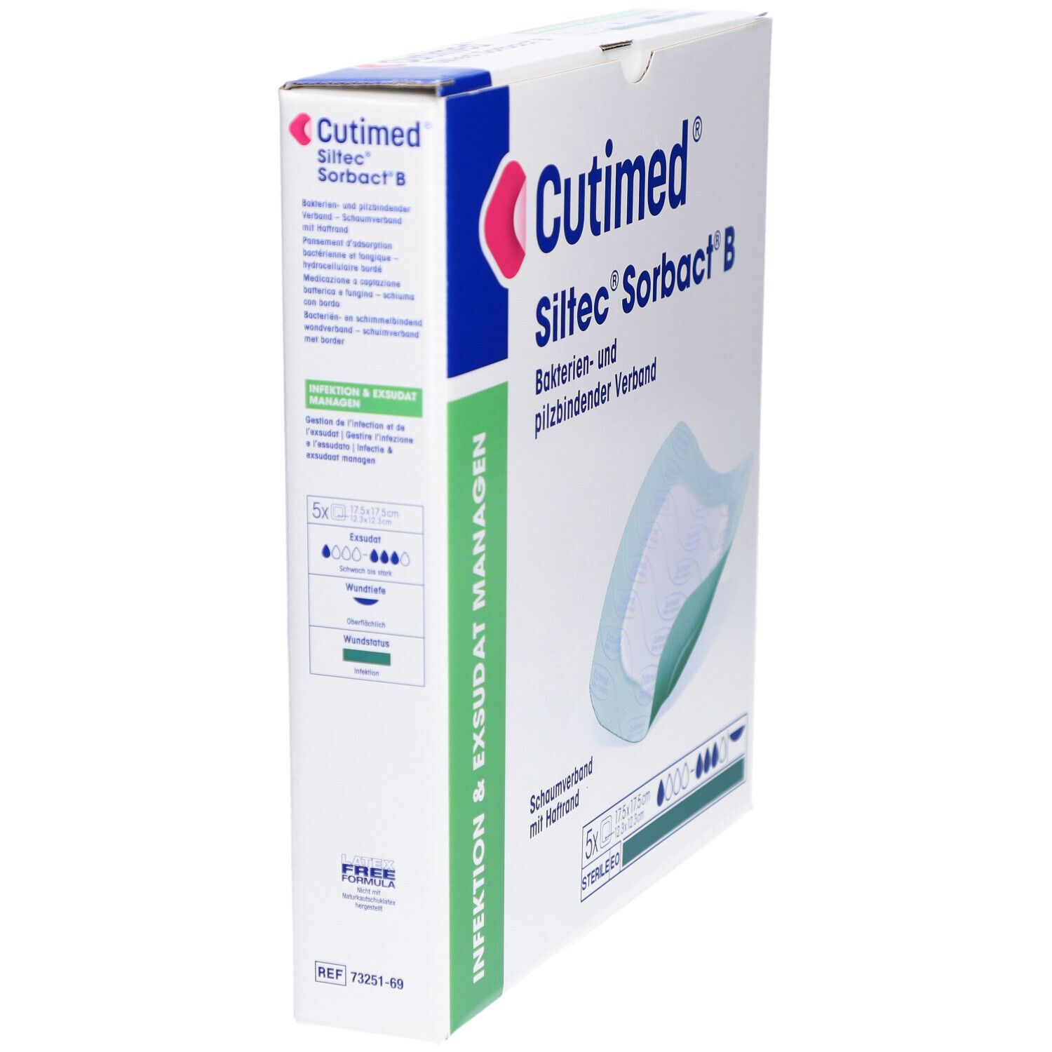 Cutimed Siltec Sorbact B Verpackung, Seitenansicht. Schaumverband mit Haftrand. 5 Stück, 17,5 x 17,5 cm. Steril.