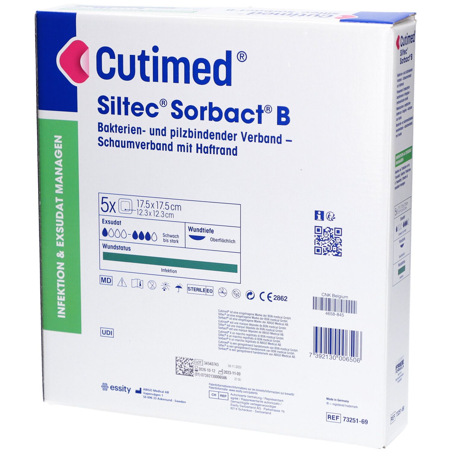 Cutimed Siltec Sorbact B Verpackung. Schaumverband mit Haftrand. 5 Stück, 17,5 x 17,5 cm. Steril. Detailinformationen und QR-Code.