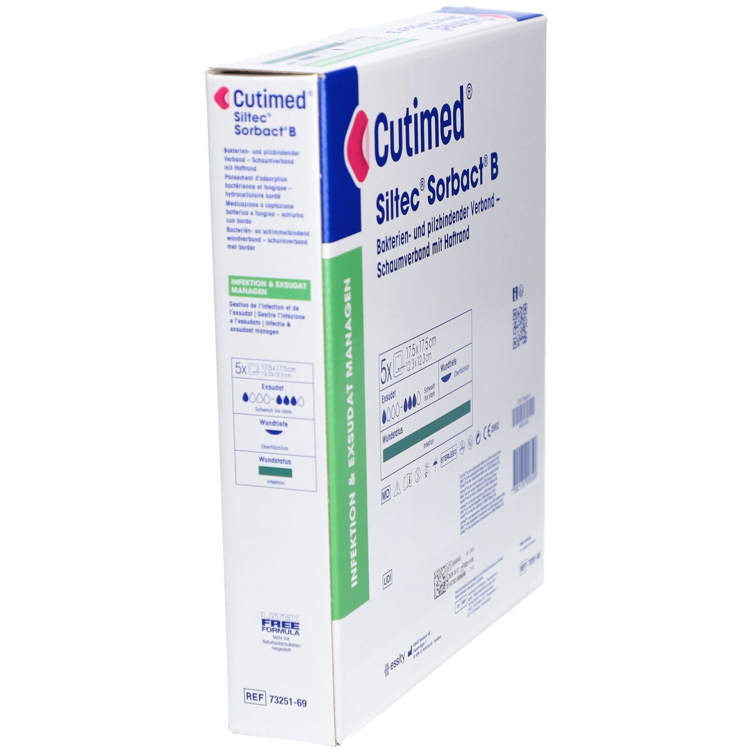 Cutimed Siltec Sorbact B Verpackung, schräge Ansicht. Schaumverband mit Haftrand. 5 Stück, 17,5 x 17,5 cm. Steril.