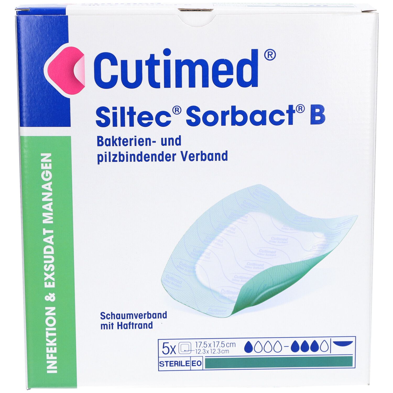 Cutimed Siltec Sorbact B Verpackung. Schaumverband mit Haftrand. 5 Stück, 17,5 x 17,5 cm. Steril.