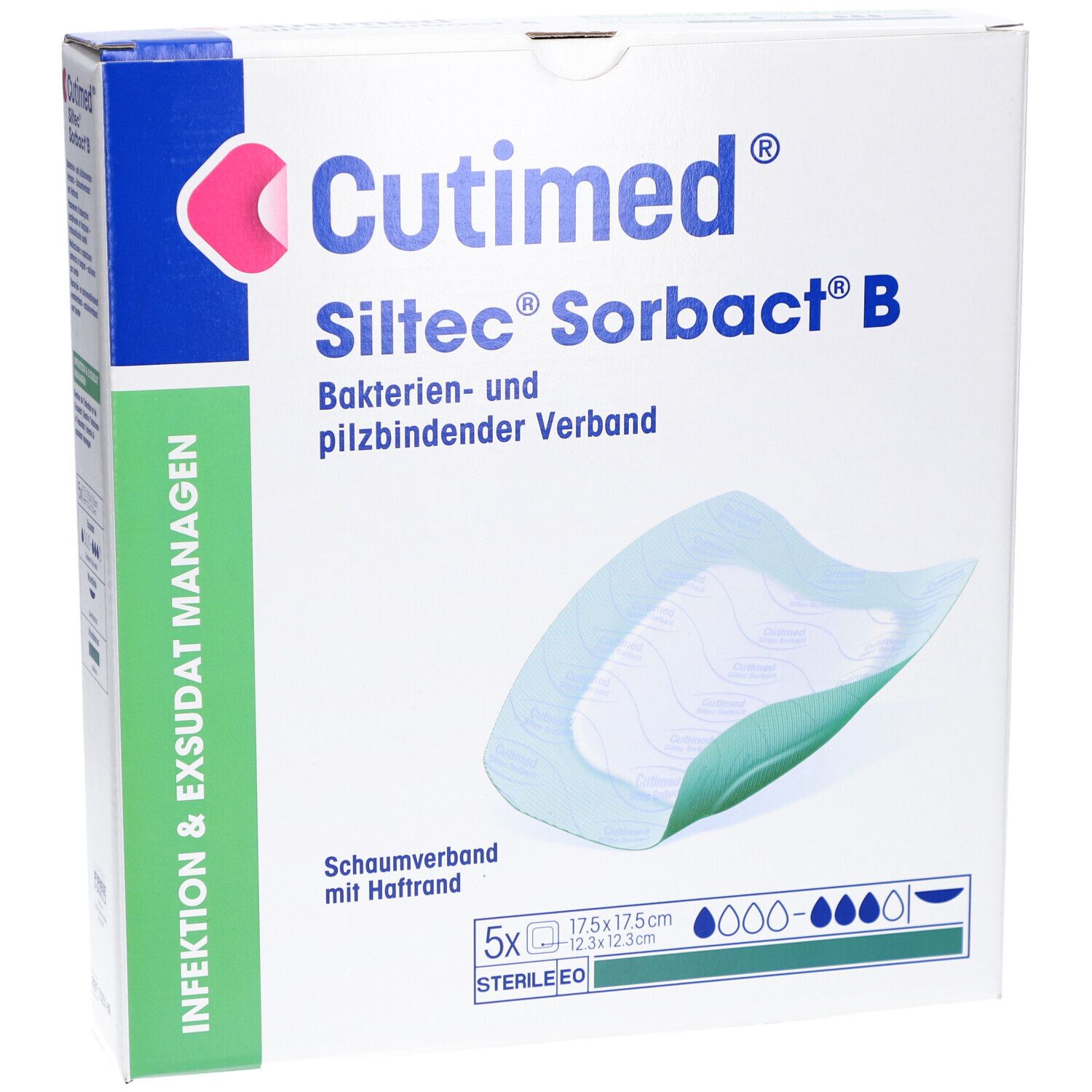 Cutimed Siltec Sorbact B Verpackung. Schaumverband mit Haftrand. 5 Stück, 17,5 x 17,5 cm. Steril.