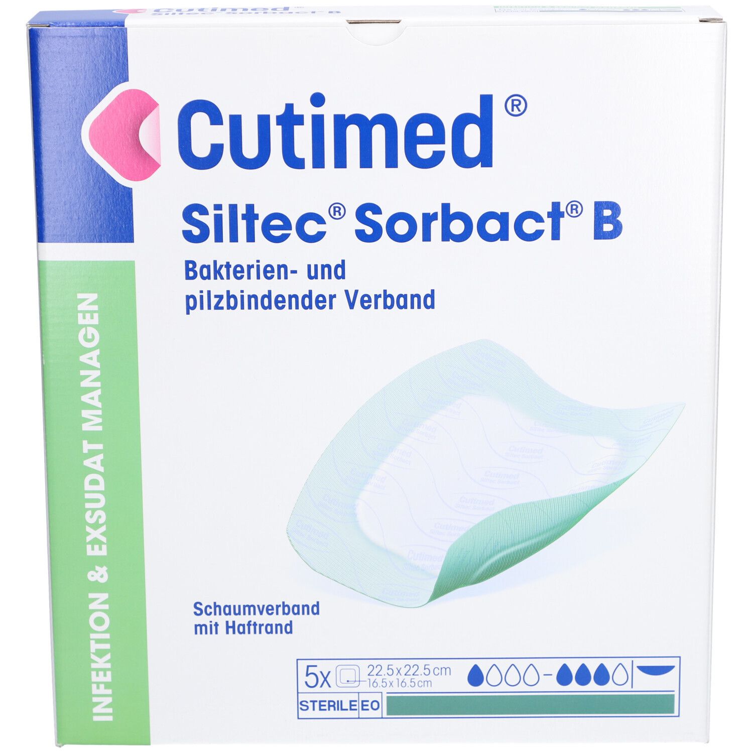 Verpackung von Cutimed Siltec Sorbact B. Enthält 5 sterile Wundverbände. Größe: 22,5 x 22,5 cm. Mit Haftrand.