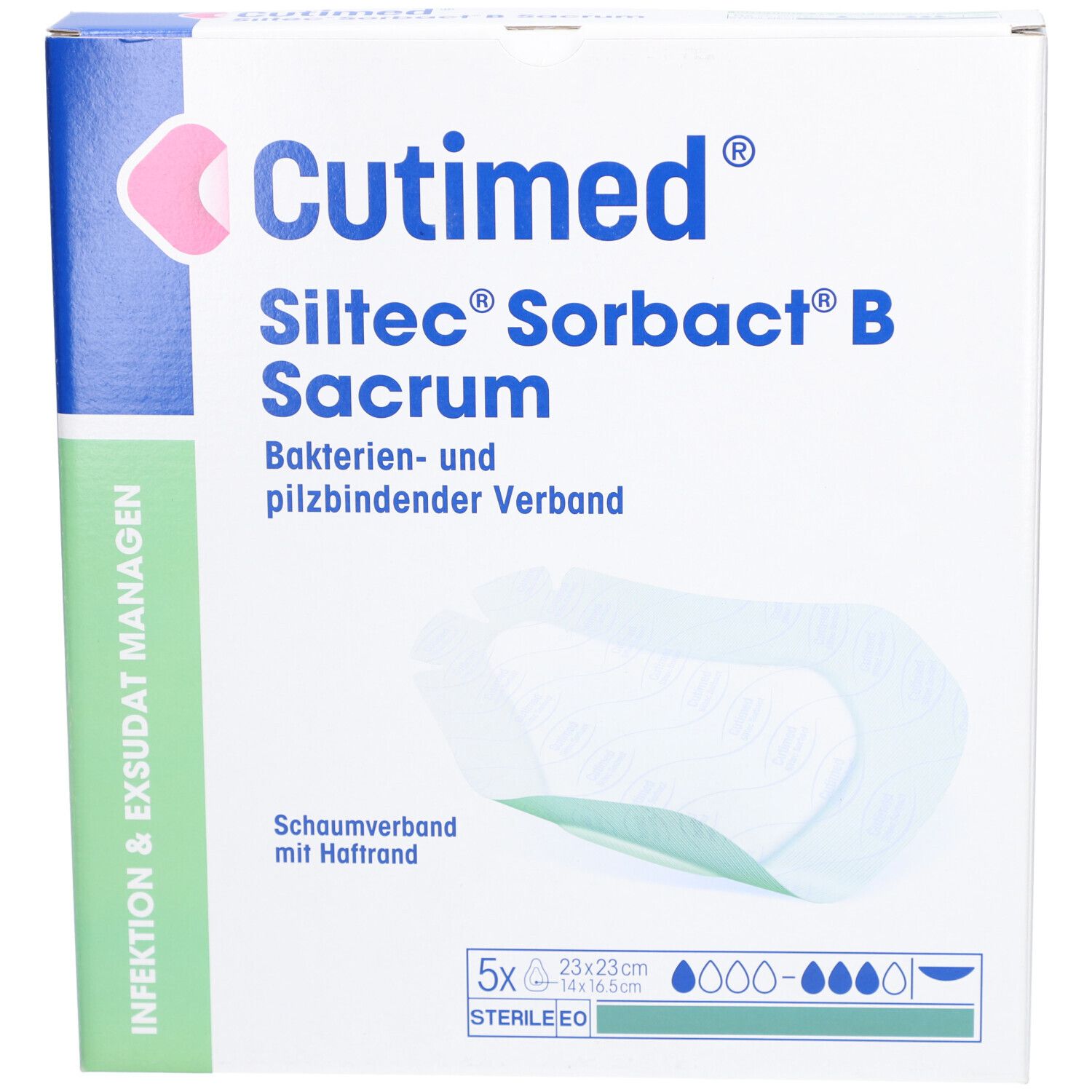 Verpackung mit Verband. Text: Cutimed, Siltec Sorbact B Sacrum. 23x23cm. Schaumverband mit Haftrand. 5 Stück.