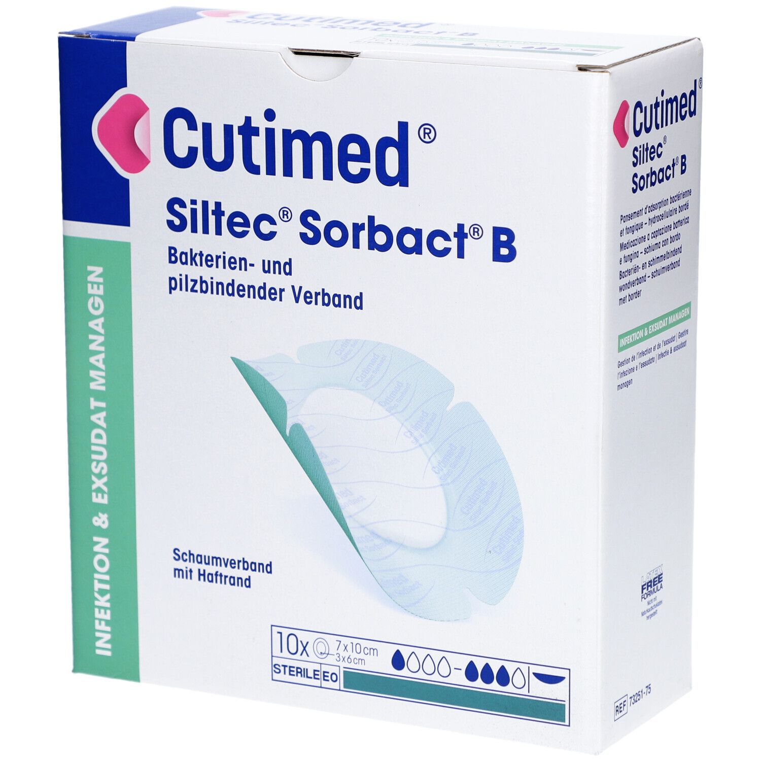 Verpackung von Cutimed Siltec Sorbact B. Enthält 10 Verbände, 7x10cm. Bakterien- und pilzbindender Verband. Steril.