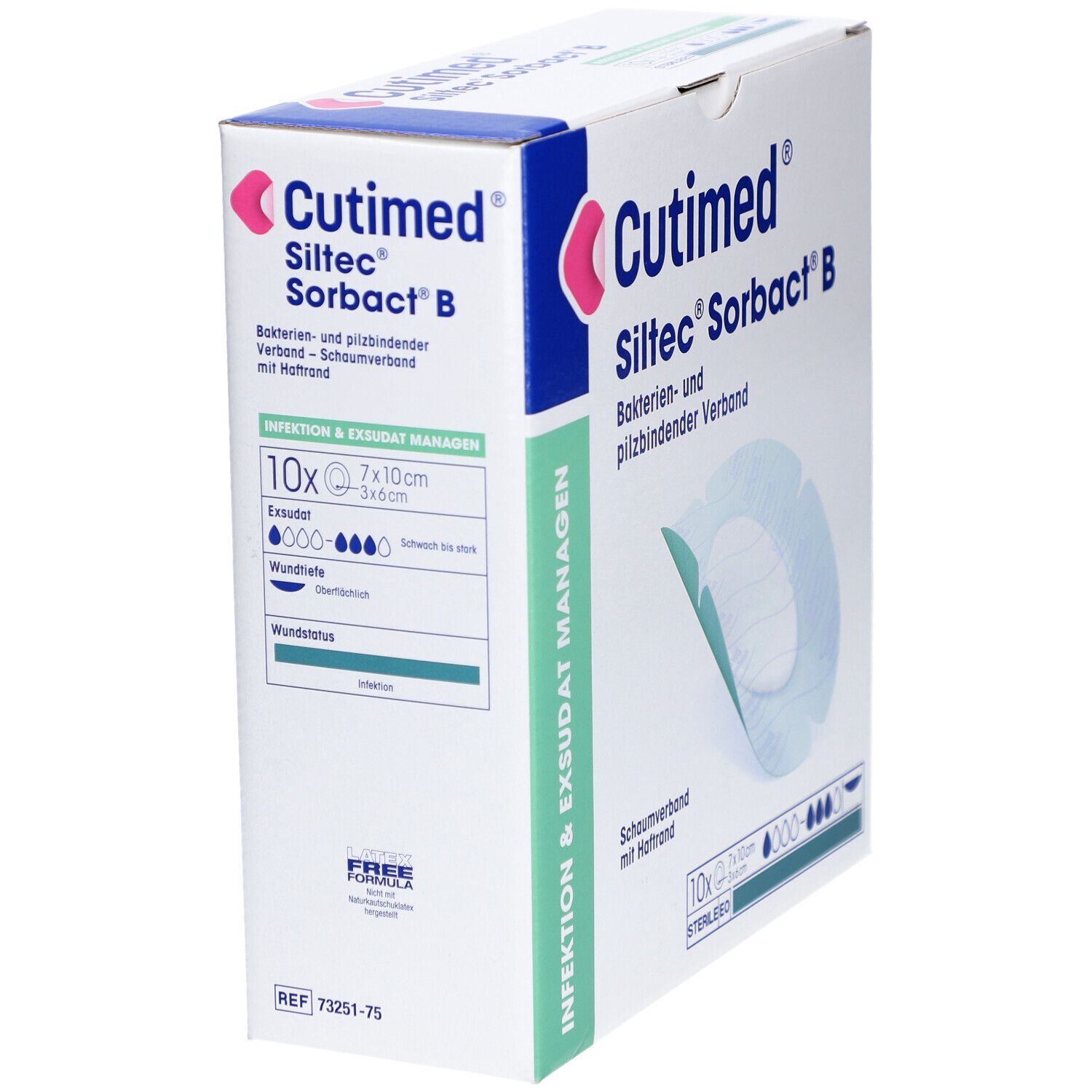 Verpackung von Cutimed Siltec Sorbact B. Enthält 10 Verbände, 7x10cm. Bakterien- und pilzbindender Verband. Steril.