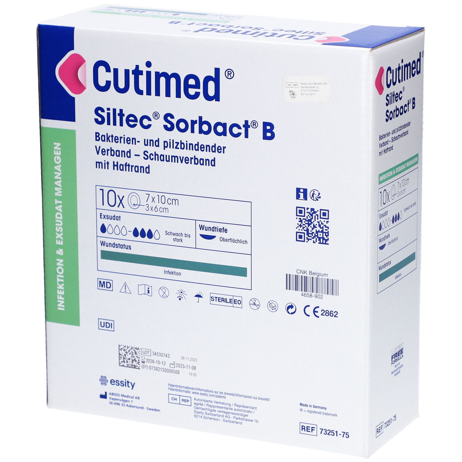 Verpackung von Cutimed Siltec Sorbact B. Enthält 10 Verbände, 7x10cm. Bakterien- und pilzbindender Verband. Steril.