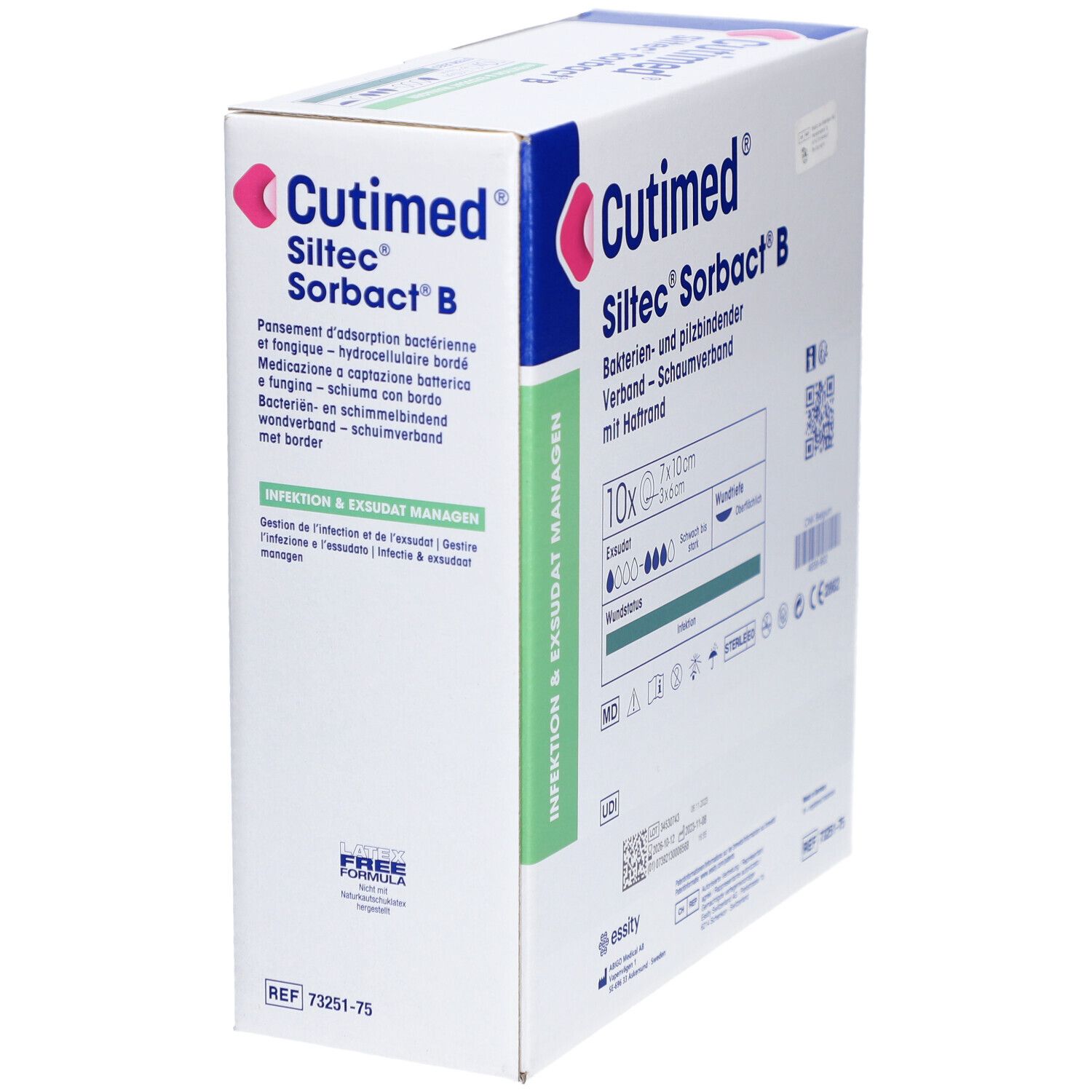 Verpackung von Cutimed Siltec Sorbact B. Enthält 10 Verbände, 7x10cm. Bakterien- und pilzbindender Verband. Steril.