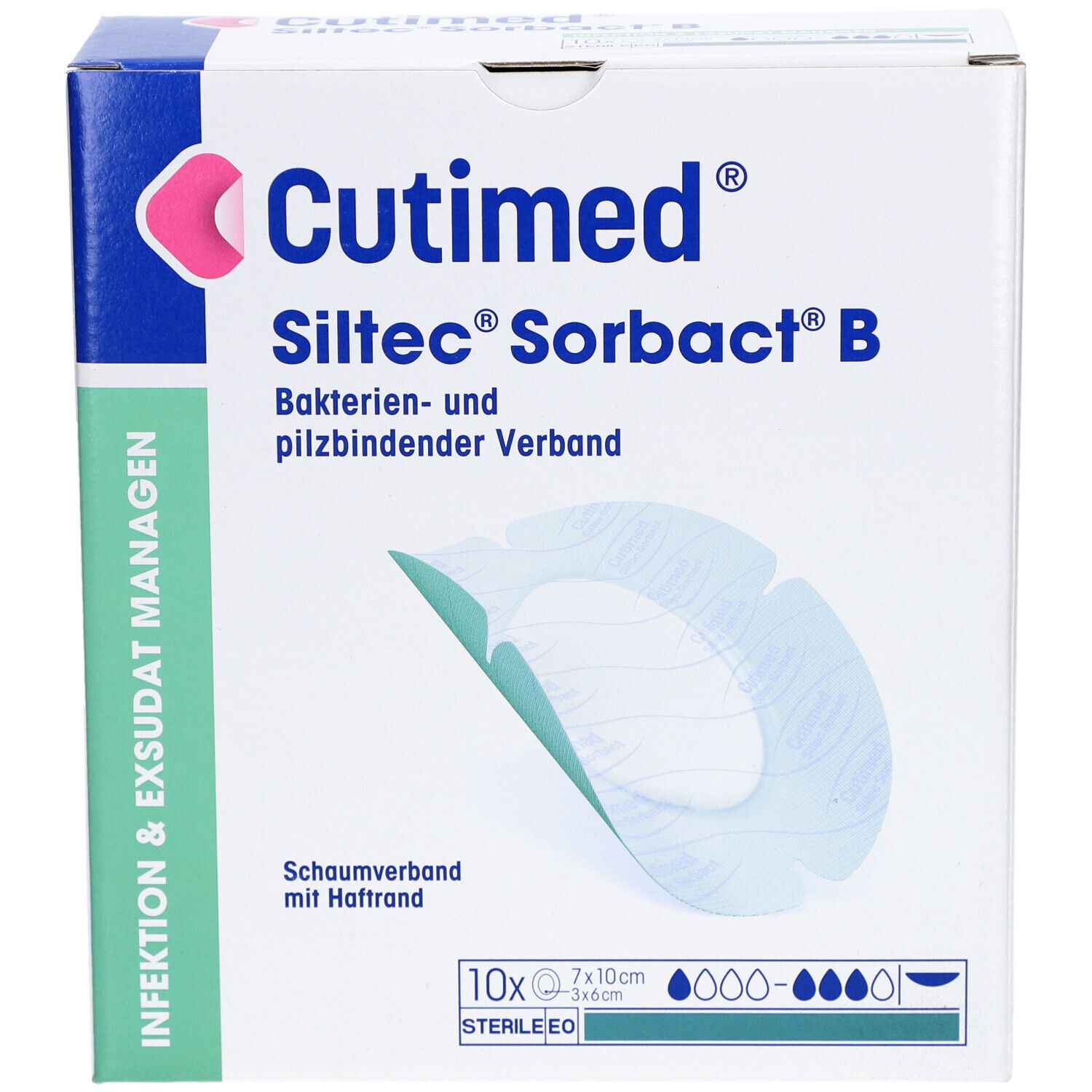Verpackung von Cutimed Siltec Sorbact B. Enthält 10 Verbände, 7x10cm. Bakterien- und pilzbindender Verband. Steril.