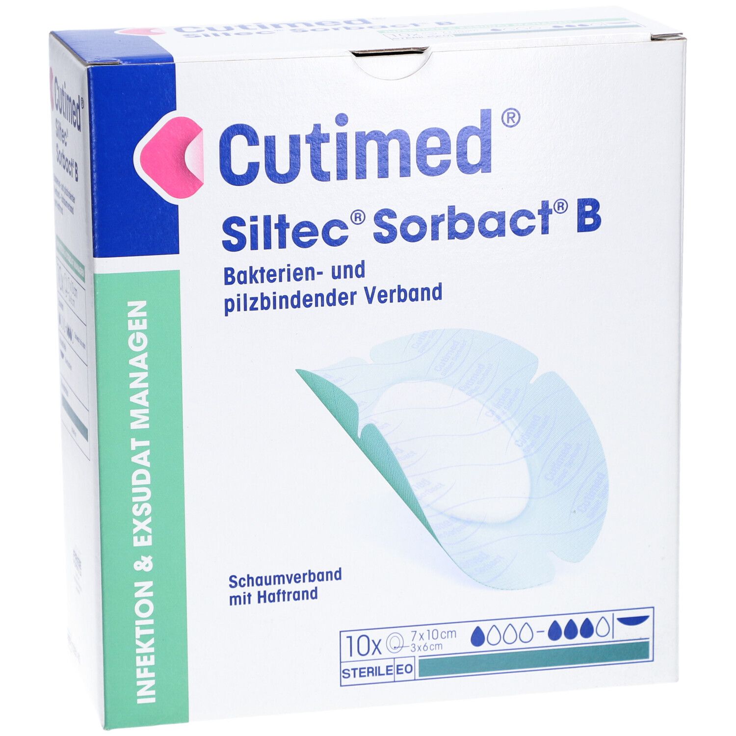 Verpackung von Cutimed Siltec Sorbact B. Enthält 10 Verbände, 7x10cm. Bakterien- und pilzbindender Verband. Steril.