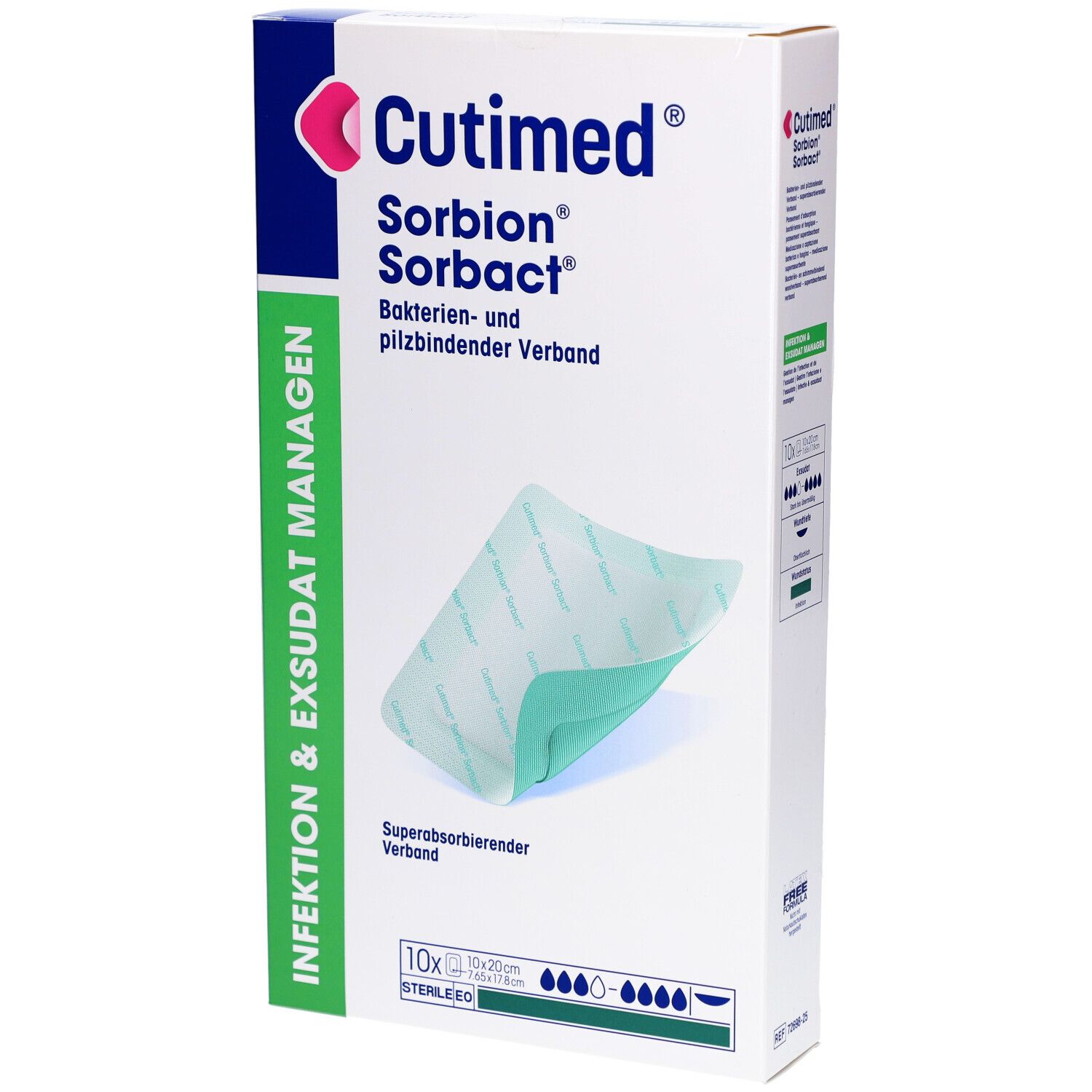Verpackung von Cutimed Sorbion Sorbact. Zeigt ein Wundverband. 10 x 20 cm. Steril.